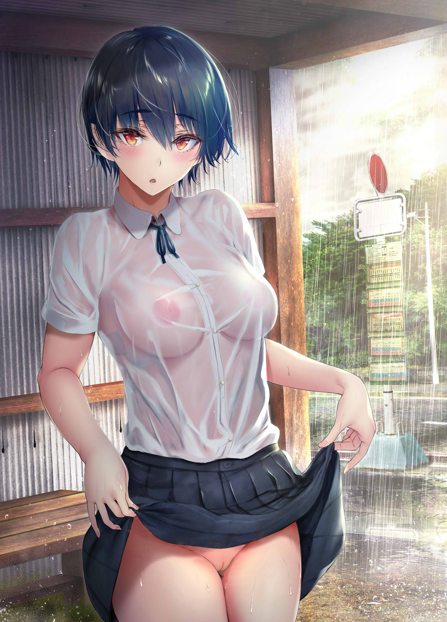 breasts, female, gentsuki, nipples, nipples visible through clothing, no bra, no panties, original, pussy, school uniform, skirt, skirt lift, uncensored, wet clothes