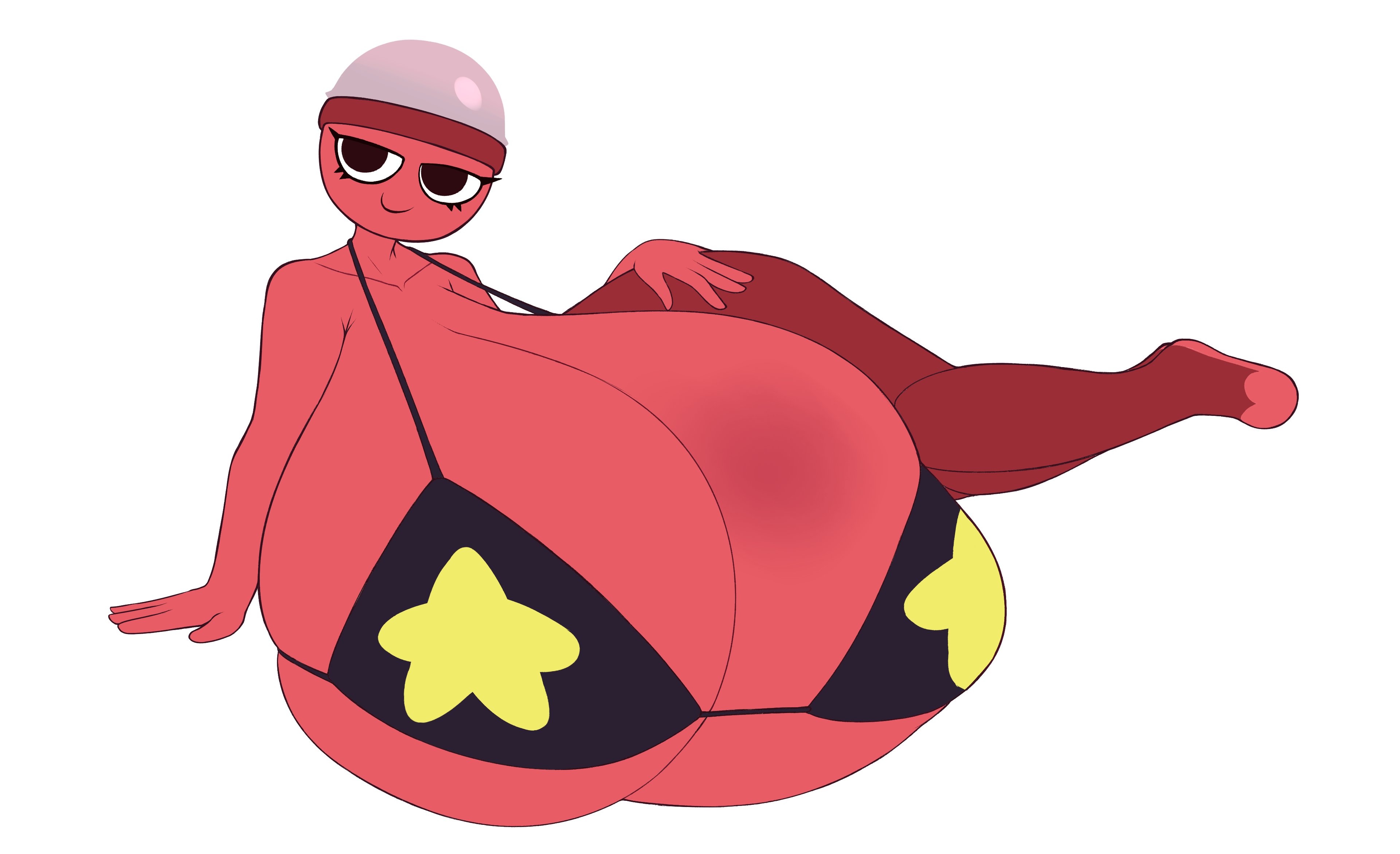 bikini strings, black eyes, black leggings, bra strap, breasts, breasts bigger than head, capsule, dandy's world, eyelashes, female, fingers, fromariels, fuck me eyes, gigi (dandy's world), hand on ground, hand on thigh, hyper, hyper breasts, massive breasts, object head, red feet, red skin, red skinned female, roblox, roblox game, star bikini, star bra, waist not visible, white background, white iris, work in progress