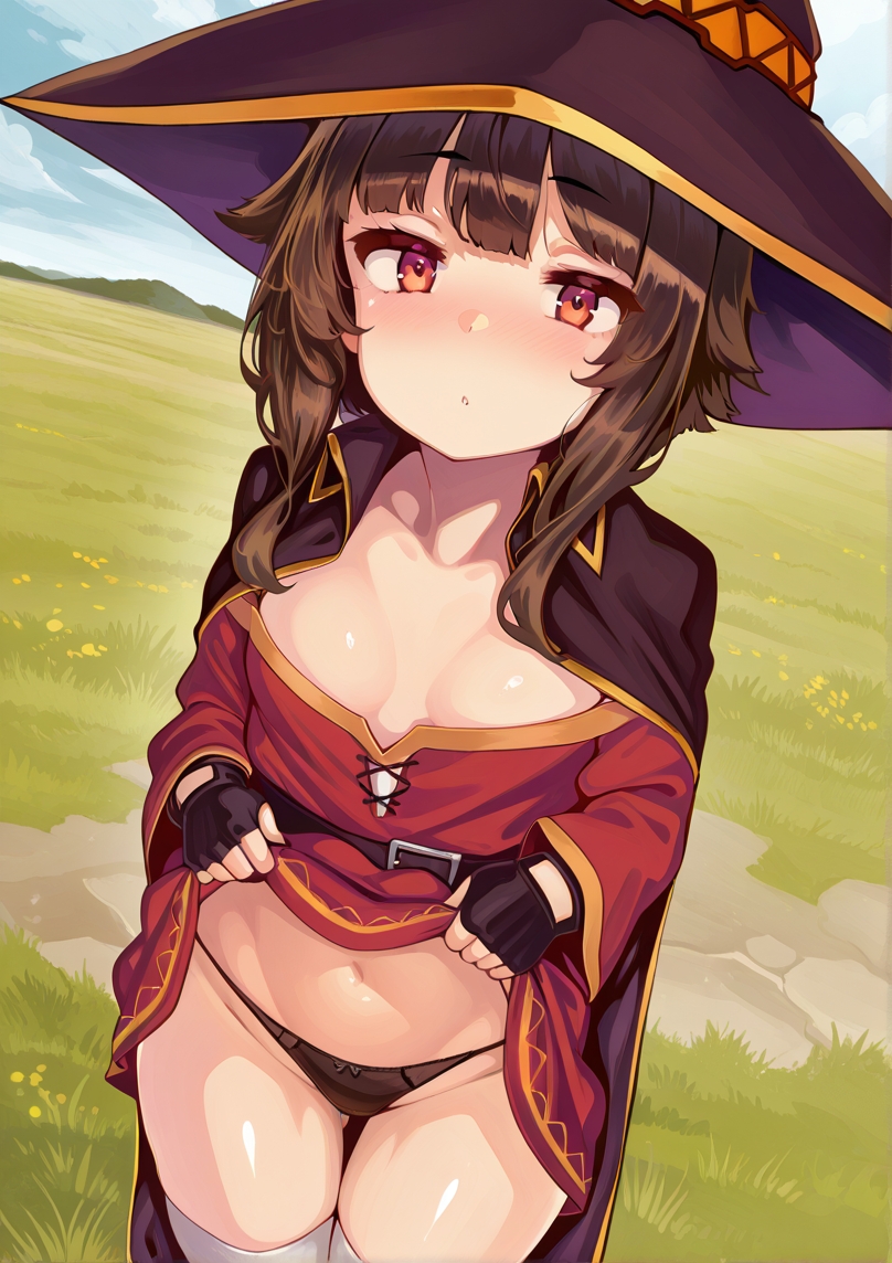 ai generated, black panties, blush, breasts, cute, cute face, female, female focus, female only, kono subarashii sekai ni shukufuku wo!, megumin, neutral expression, provocative, shiokonbu, shiokonbu art style, showing panties, small breasts