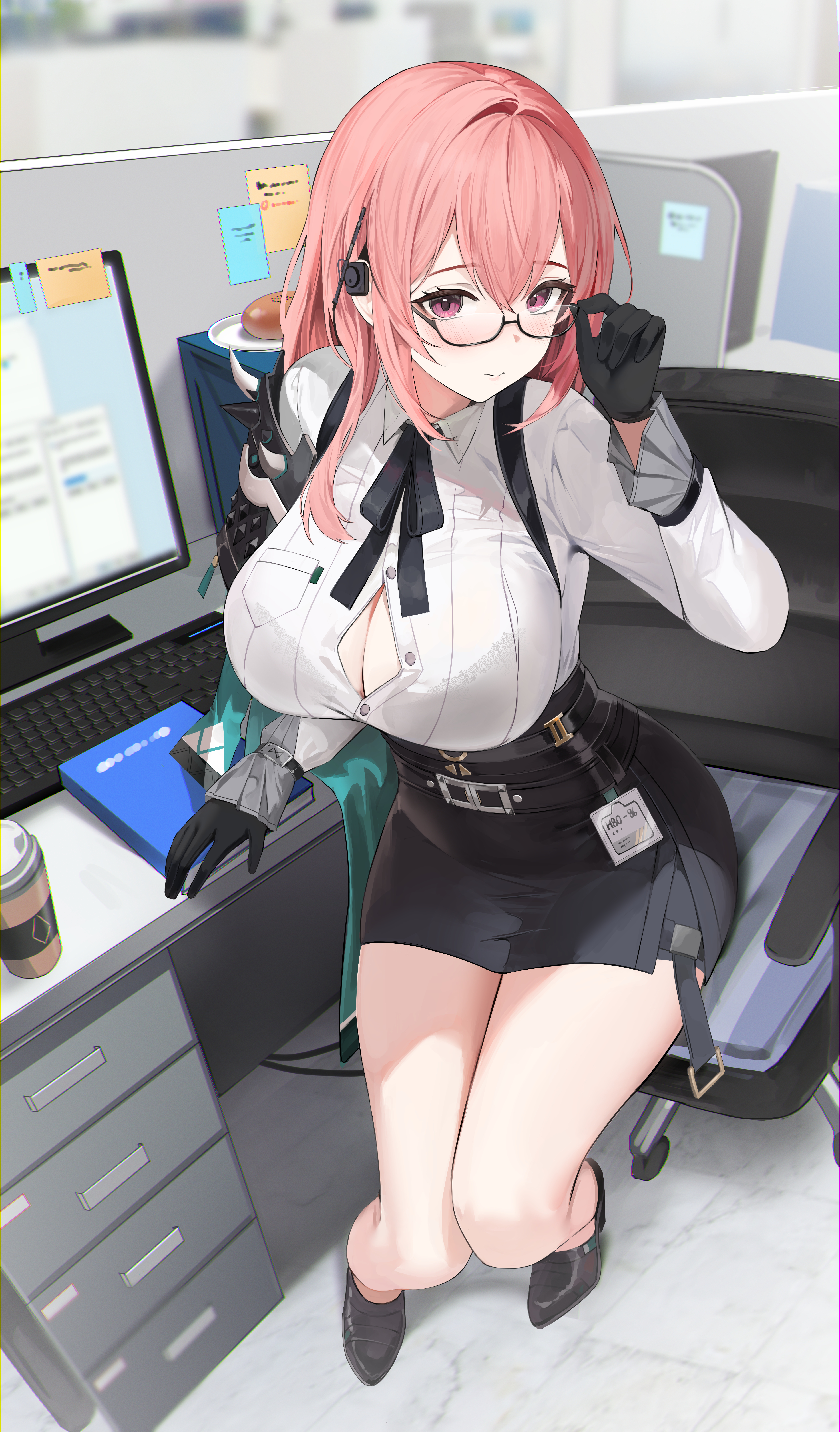 absurdres, adjusting eyewear, bare legs, black bra, black gloves, black ribbon, black shoes, black skirt, black-framed eyewear, blurry, blurry background, bra, bra visible through clothes, breasts, button gap, center opening, chair, closed mouth, collared shirt, commentary, computer keyboard, cup, disposable coffee cup, disposable cup, earpiece, female, food, glasses, gloves, hair between eyes, hand on eyewear, high-waist skirt, highres, huge breasts, id card, indoors, legs, light blush, lillly, long hair, looking at viewer, neck ribbon, office, office chair, pink eyes, pink hair, ribbon, semi-rimless eyewear, shirt, shoes, sidelocks, sitting, skirt, smile, solo, sticky note, swivel chair, thighs, tsukishiro yanagi, underbust, underwear, white shirt, zenless zone zero