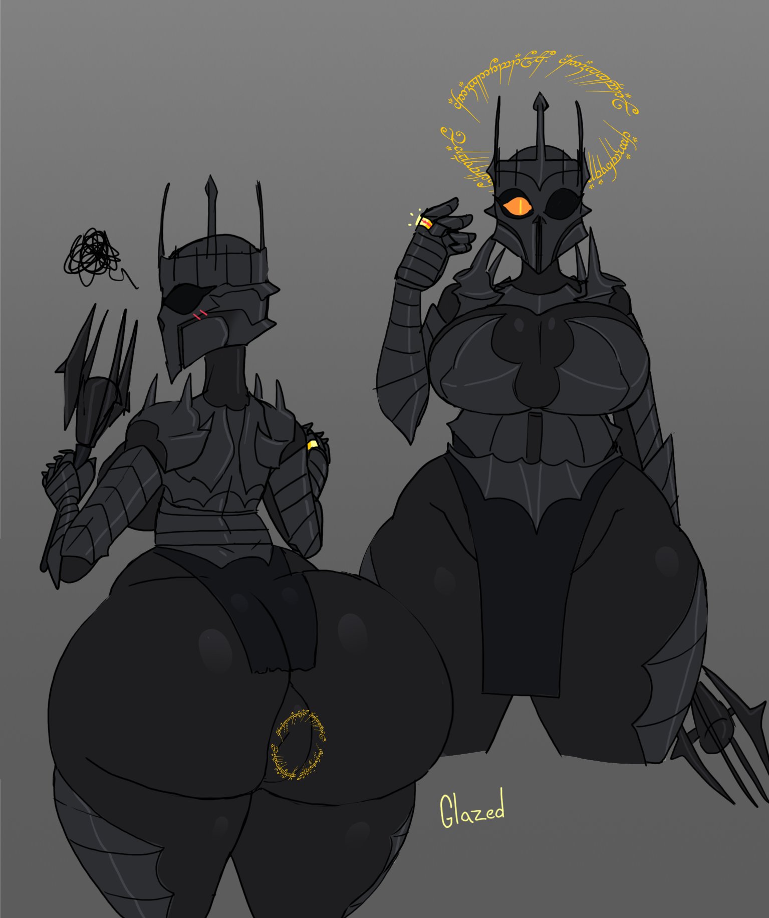 1girls, 2d, alt, alternate version available, anus, anus bulge, armor, armored female, ass, back view, big breasts, blush, breasts, bubble ass, bubble butt, child bearing hips, enormous ass, enormous breasts, fat ass, female, female only, giant ass, gigantic ass, gigantic breasts, glazed (artist), glowing eye, holding weapon, huge ass, huge breasts, large ass, large breasts, lord of the rings, mace, massive ass, massive breasts, ring, rule 63, runes, sauron (lotr), solo, solo female, the one ring, thick, thick thighs, thunder thighs, voluptuous, voluptuous female