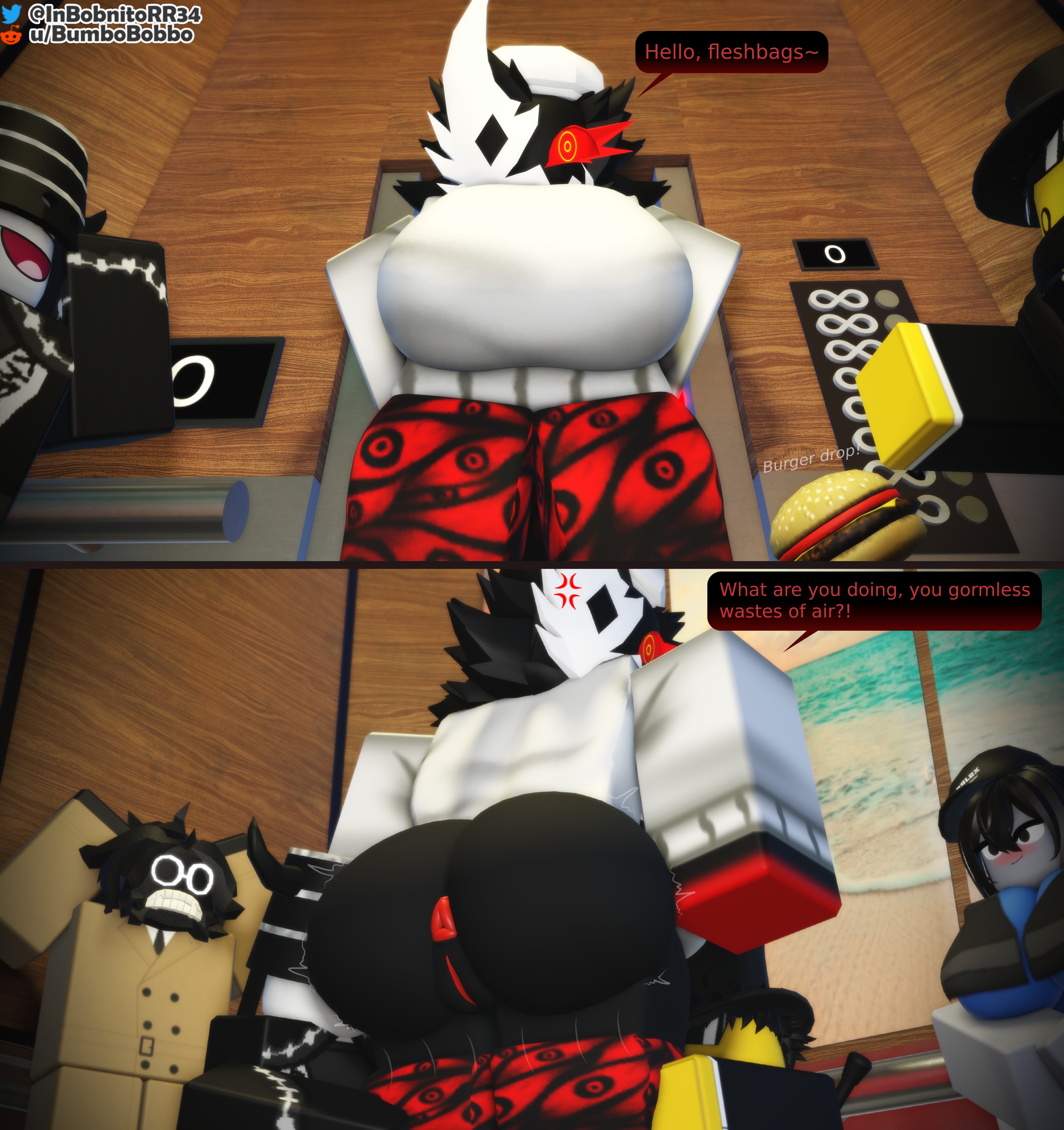 3d, anus, ass, background character, big ass, big breasts, bive (regretevator), black body, black hair, blocky body, breasts, character in background, clothes pull, dialogue, elevator, english text, erika (the rr34), exposed ass, exposed pussy, female, female focus, folly (regretevator), inbobnito rr34, itishe, masked female, pants down, pants pulled down, public nudity, pussy, reddit username, regretevator, roblox, roblox avatar, roblox game, robloxian, speech bubble, tagme, text, twitter username