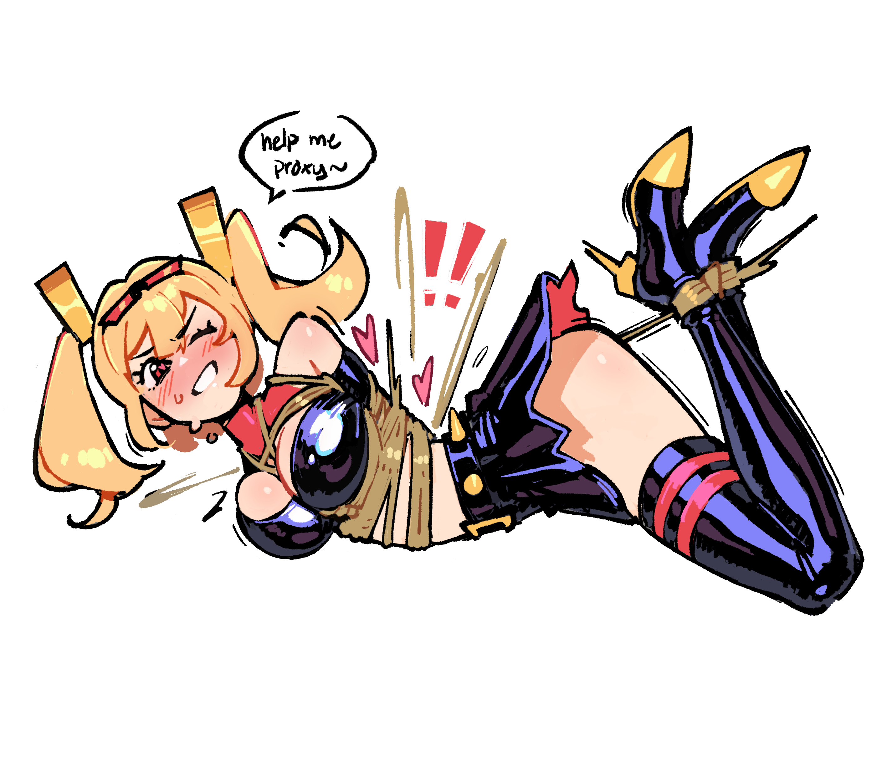 1girls, 2d, absurdres, bare shoulders, black boots, black skirt, black tube top, blonde hair, blush, bondage, boots, breasts, burnice white, color, colored, commentary, digital media (artwork), english commentary, english text, eyewear on head, female, female only, full body, high heel boots, high heels, highres, kaatokunart, large breasts, long hair, one eye closed, restrained, simple background, skirt, speech bubble, strapless, thigh boots, tube top, twintails, white background, zenless zone zero