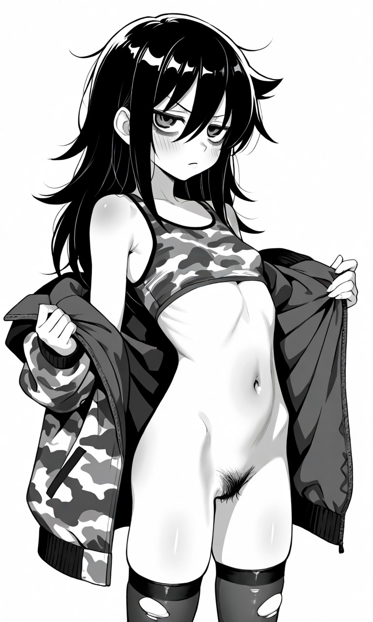 1girls, ai, ai art, ai generated, ai-created, annoyed, annoyed expression, black and white, black hair, brat, bratty, breasts, camo print, camouflage, camouflage jacket, female, hair, hairy, hairy pussy, jacket, jacket open, kuroki tomoko, looking at viewer, manga style, messy hair, no color, no panties, only female, petite, petite body, petite female, pubic hair, pubic hair peek, pussy, shoulders, showing off, showing pussy, skinny, skinny female, skinny waist, small breasts, solo, solo female, solo focus, teenage female, teenager, thighhighs, thighs, torn clothing, torn legwear, torn thighhighs, tummy, watashi ga motenai no wa dou kangaetemo omaera ga warui!, white background