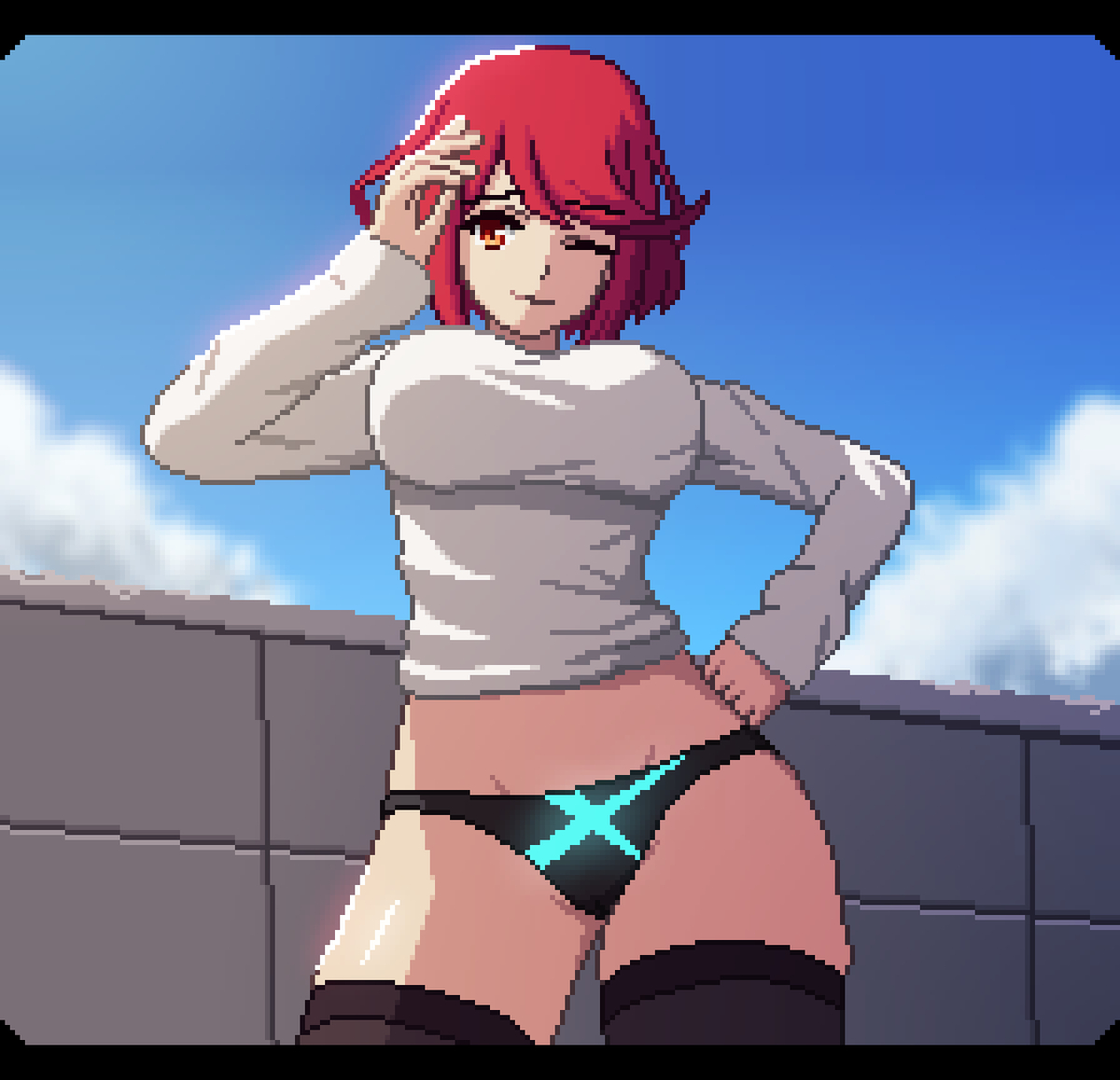 ass, big ass, big breasts, big butt, big thighs, big titties, breasts, clothing, curvaceous, curvaceous female, curvaceous figure, curvy, curvy figure, curvy hips, female, female focus, female only, nintendo, pixel art, pyra, red hair, seiko093, short hair, underwear, xenoblade (series), xenoblade chronicles 2