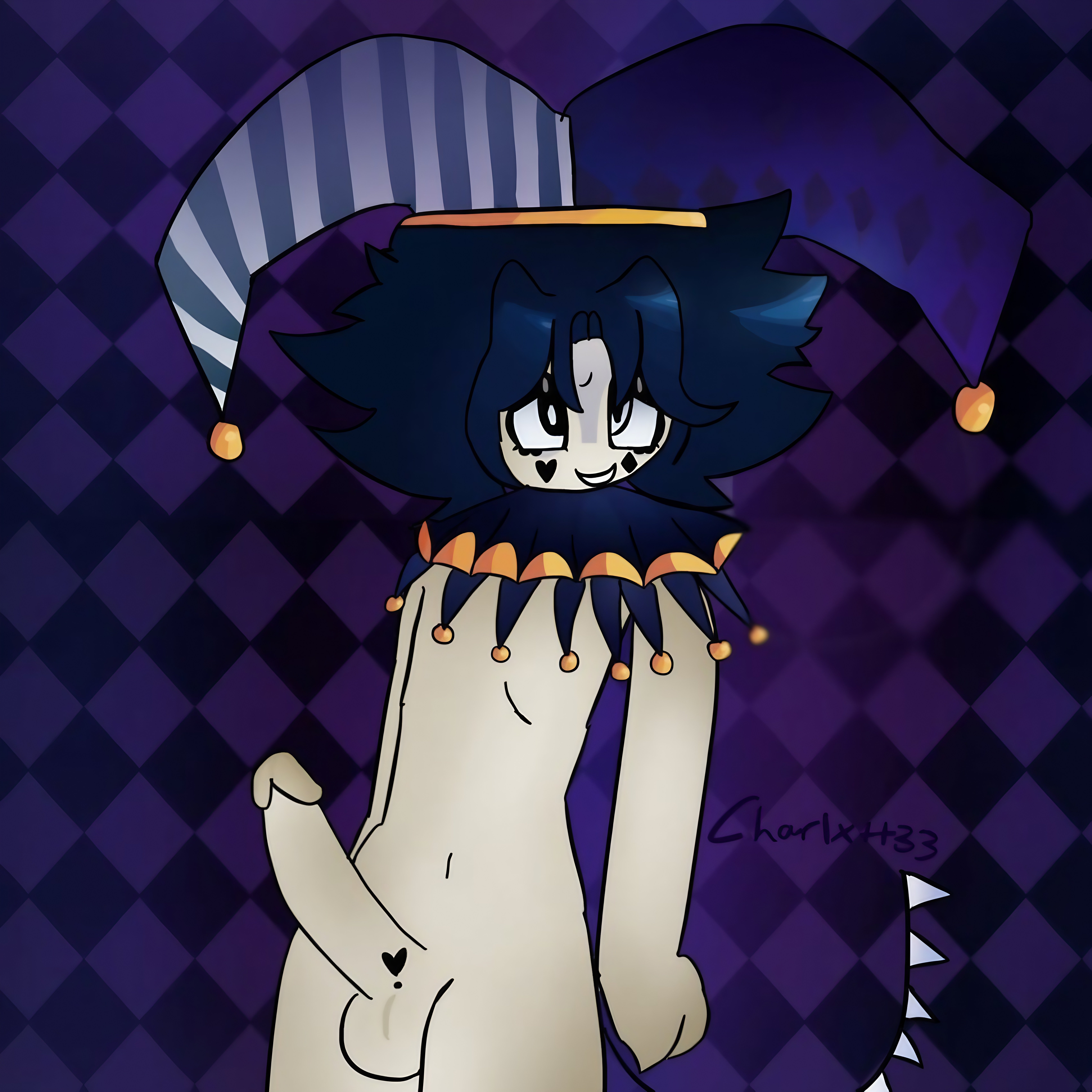 1boy, balls, black hair, charlxtt33, femboy, femboy focus, femboy only, fool's hat, forsaken (roblox), jester, jester cap, jester costume, jester hat, jester outfit, jester two time, looking at viewer, male, male only, naked, penis, penis out, roblox, roblox game, robloxian, self upload, solo, solo focus, tagme, tattoo on penis, two time