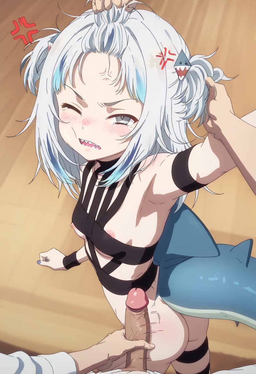 ai generated, angry, female, gawr gura, hololive, hololive english, hololive myth, raped, restrained, size difference, spardai (artist), tears, virtual youtuber