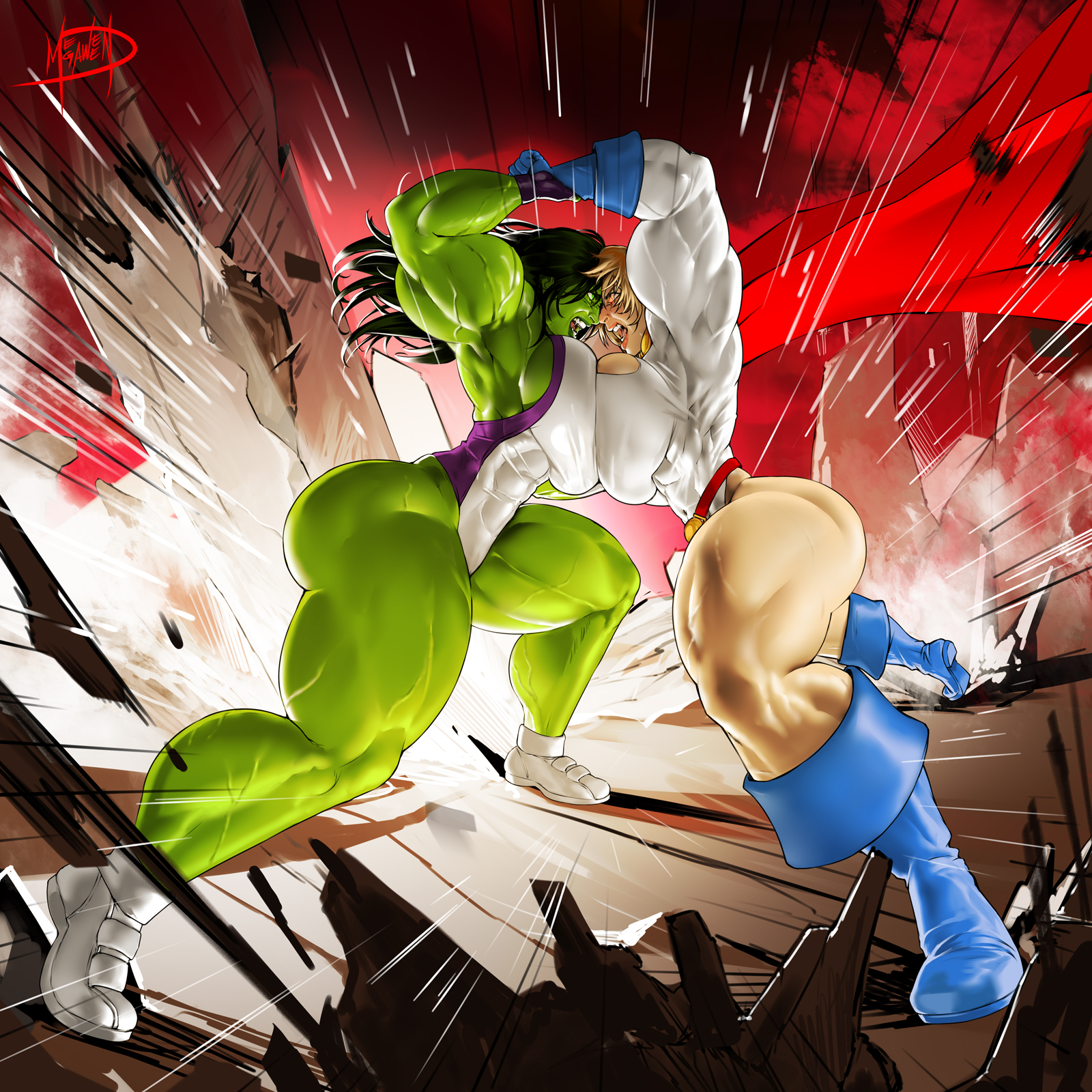 2girls, akiman pose, ass, avengers, battle, blue boots, boots, cape, dc, dc comics, dc vs. marvel, eye contact, female, green skin, huge ass, hulk (series), jennifer walters, justice league, karen starr, leotard, looking at another, marvel, marvel comics, megaween, muscular, muscular arms, muscular female, open mouth, power girl, red cape, she-hulk, superman (series), symmetrical docking, thick thighs, white leotard