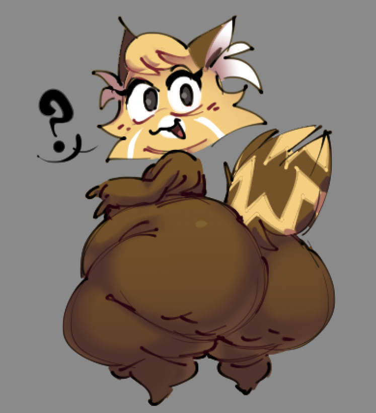 2024, ailurid, anthro, ass, ass focus, belly, belly overhang, big ass, big butt, black eyes, blush, brown body, brown ears, brown fur, brown tail, cellulite, chikn nuggit, digital media (artwork), eyelashes, fat, fat ass, fat belly, female, fur, grey background, hair, hornygoatlean (artist), huge ass, looking at viewer, looking back, mammal, multicolored body, multicolored fur, nitarufatlover, nitaruskwish33, nitarustarium, obese, obese anthro, obese female, orange body, orange fur, orange hair, orange tail, overweight, overweight anthro, overweight female, question mark, rear view, red panda, sassparilla (chikn nuggit), simple background, smile, solo, standing, stupidleangoat, tail, thick thighs, three-quarter view, tongue, two-tone tail, white body, white fur