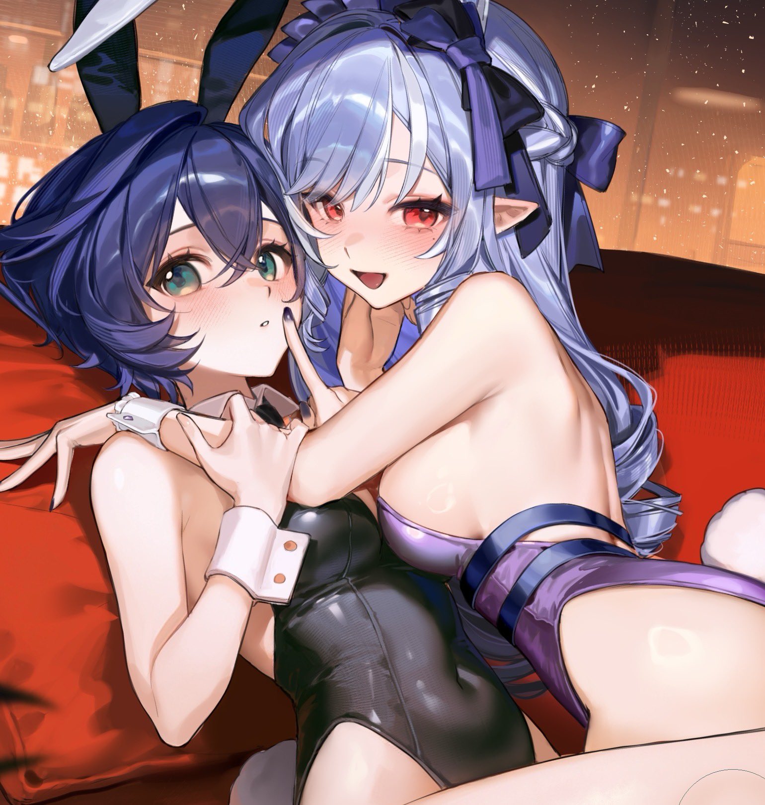 2girls, alternate costume, animal ear hairband, animal ears, backless leotard, bare back, belle (zenless zone zero), black leotard, black nails, blue hair, blush, breasts, couch, covered navel, detached collar, fake animal ears, female, green eyes, hairband, highres, large breasts, leotard, looking at viewer, medium breasts, multiple females, multiple girls, on couch, open mouth, parted lips, playboy bunny, pointy ears, purple hair, purple leotard, rabbit ear hairband, rabbit ears, red eyes, smilesmile1312, vivian (zenless zone zero), vivian banshee, wrist cuffs, yuri, zenless zone zero