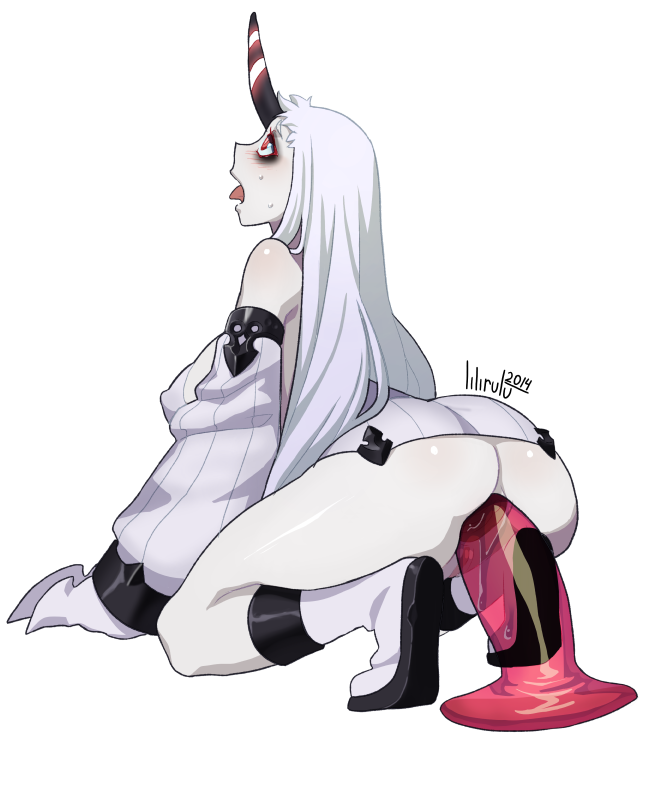 anal ass dildo female female kantai_collection large_insertion lilirulu seaport_hime shinkaisei-kan solo tongue_out white_hair white_skin