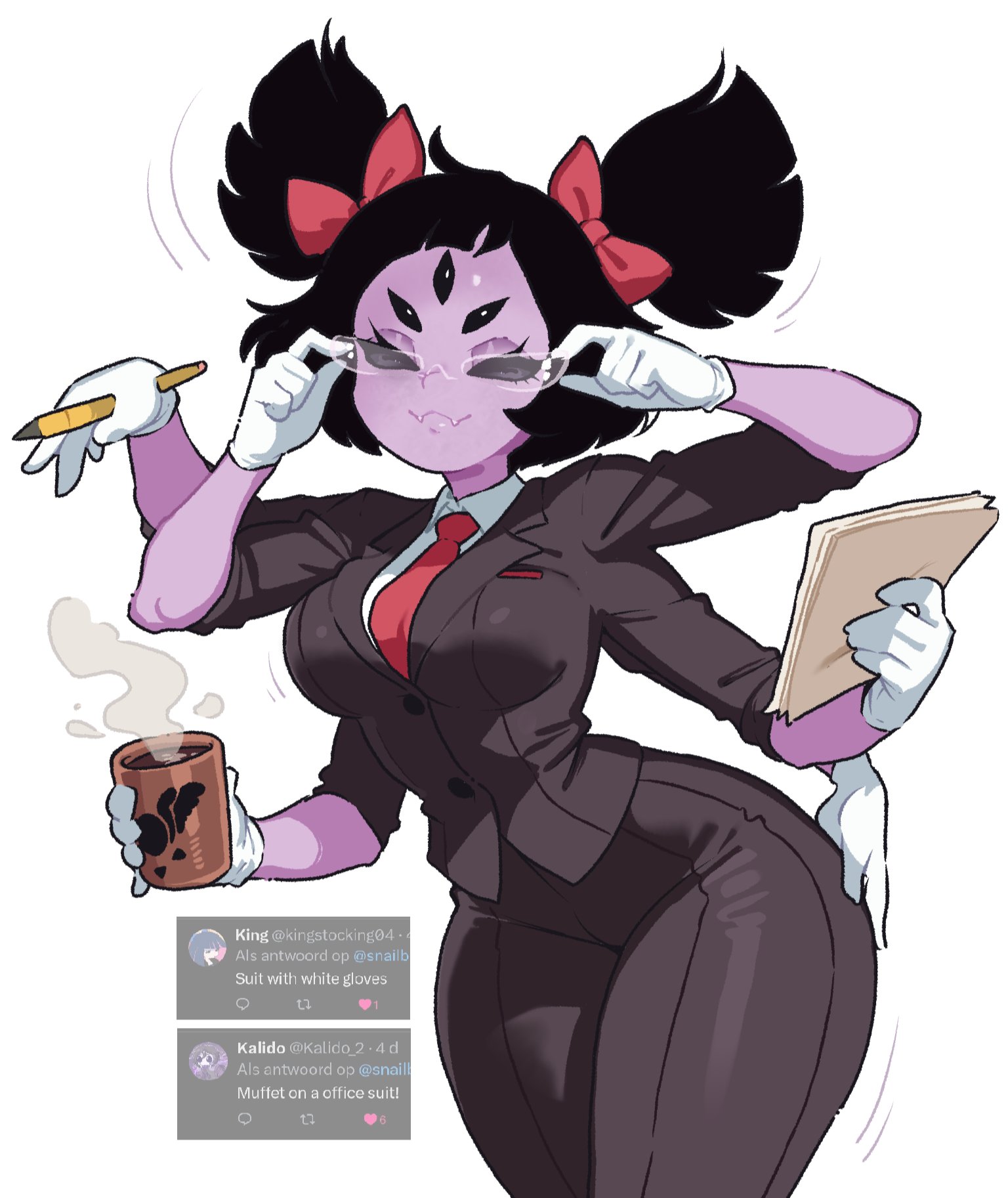 5 eyes, ass, big ass, big breasts, breasts, coffee, coffee mug, comments, fangs, female, fully clothed, glasses, glasses on head, gloves, monster girl, muffet, office clothing, office lady, pants, paper, pencil (object), red tie, request, ribbons, snailbrunch, spider girl, suit, suit and tie, thick thighs, undertale, undertale (series), white gloves