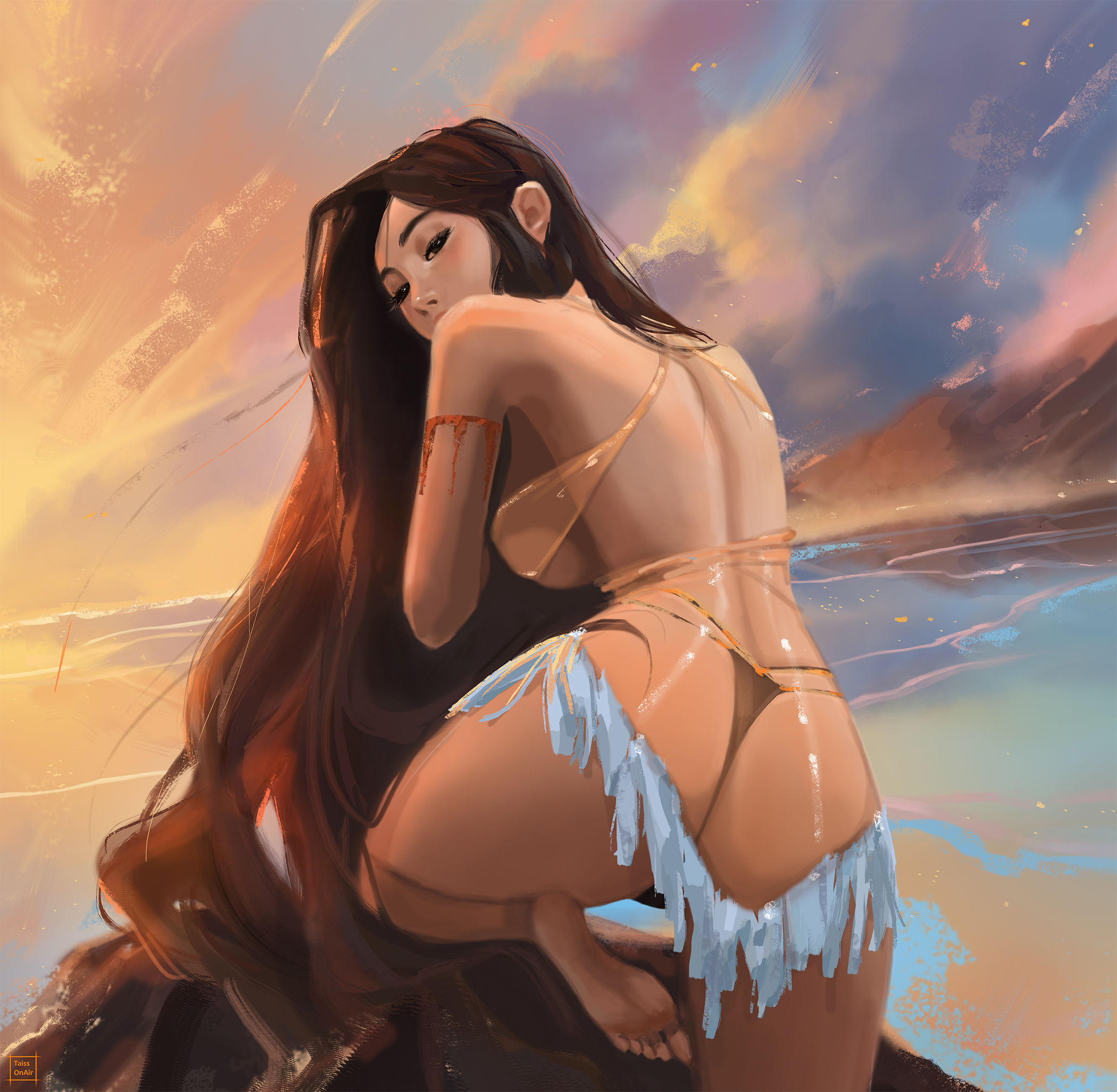 1girls, ass, big ass, dark skin, dark-skinned female, disney, female, female only, long hair, native american, pocahontas, pocahontas (character), solo, taissonair