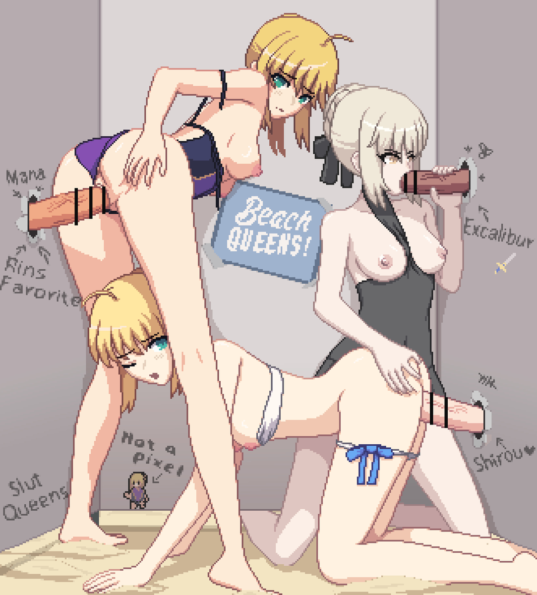 artoria pendragon, artoria pendragon (alter), artoria pendragon (fate), artoria pendragon (lily), ass, bar censor, big ass, big breasts, big butt, big penis, big thighs, big titties, blowjob, breasts, censored, curvaceous, curvaceous female, curvaceous figure, curvy, curvy figure, curvy hips, fate (series), fate/stay night, female, female focus, glory hole, jeanne d'arc (fate), male, multiple penises, penetration, penis, pixel art, saber, seiko093, short hair, white hair, yellow hair