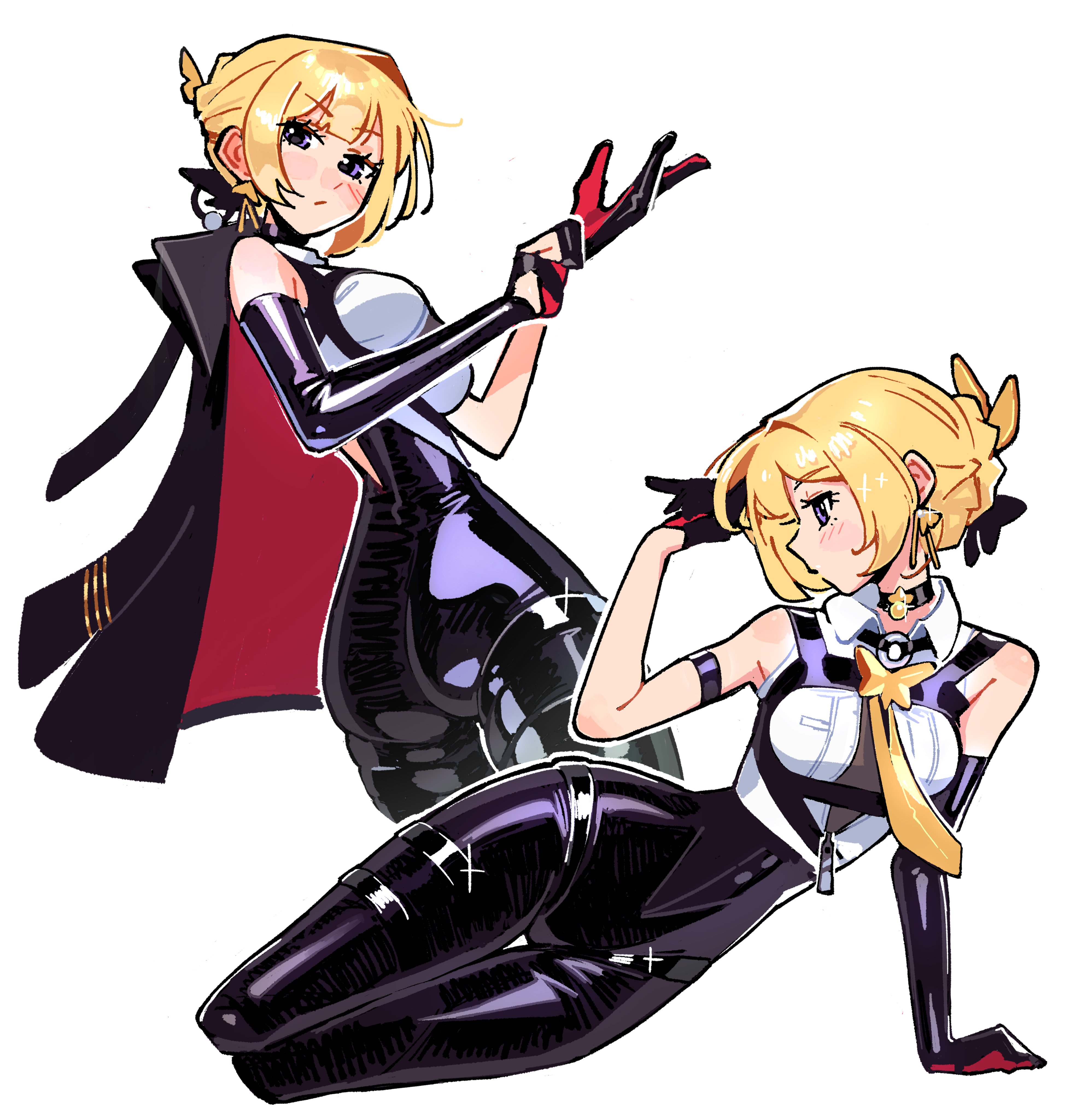1girls, absurdres, adjusting clothes, adjusting gloves, arm strap, armband, ass, bare shoulders, black coat, black pants, blonde hair, blush, breasts, bug, chest harness, closed mouth, coat, coat on shoulders, collar, earrings, elbow gloves, evelyn chevalier, female, female only, from side, glove pull, gloves, hair ornament, hair up, half gloves, hand on floor, hand on own head, harness, high-waist pants, highres, insects, jewelry, kaatokunart, latex pants, long ribbon, looking at viewer, looking to the side, mole, mole under eye, moth, moth hair ornament, necktie, pants, purple eyes, ring hair ornament, see-through clothes, shirt, simple background, single elbow glove, single half glove, solo, sparkle, thigh strap, tight clothes, tight pants, white background, white shirt, yellow necktie, zenless zone zero, zipper
