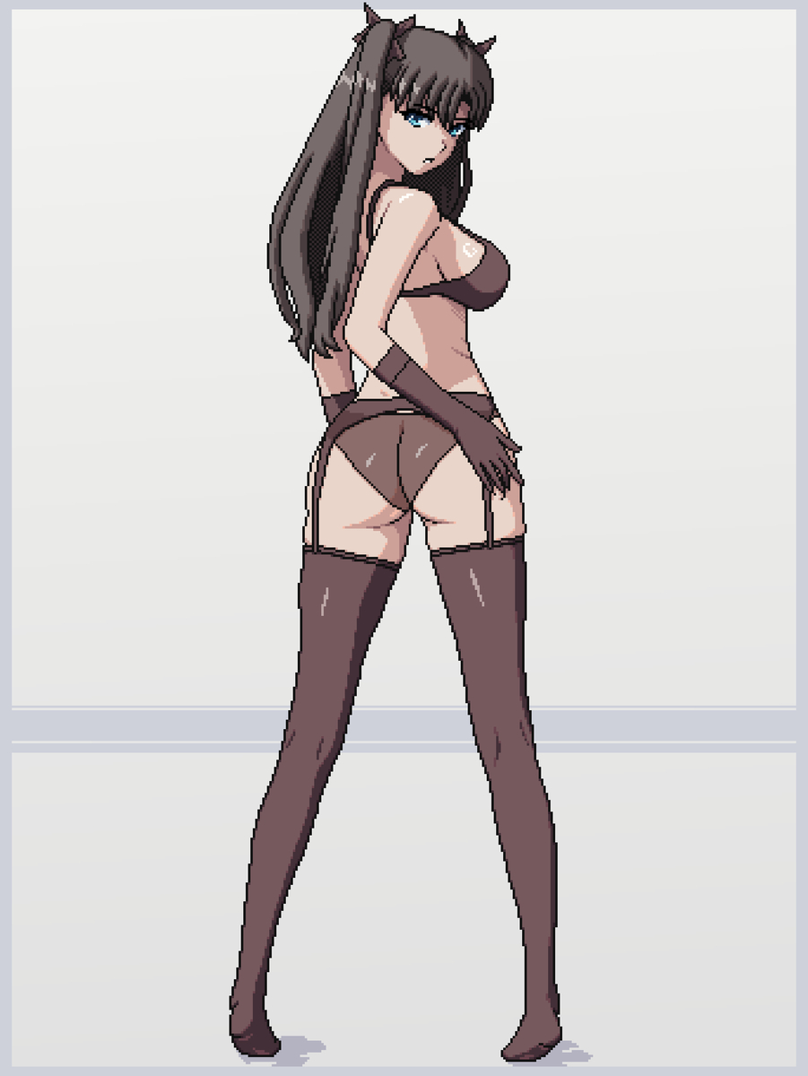 1girls, ass, back view, big ass, big breasts, big butt, big titties, breasts, brown hair, clothing, curvaceous, curvaceous female, curvaceous figure, curvy, curvy figure, curvy hips, fate/stay night, female, female focus, female only, light skin, light-skinned female, lingerie, long hair, pixel art, seiko093, solo, thigh highs, tohsaka rin, underwear