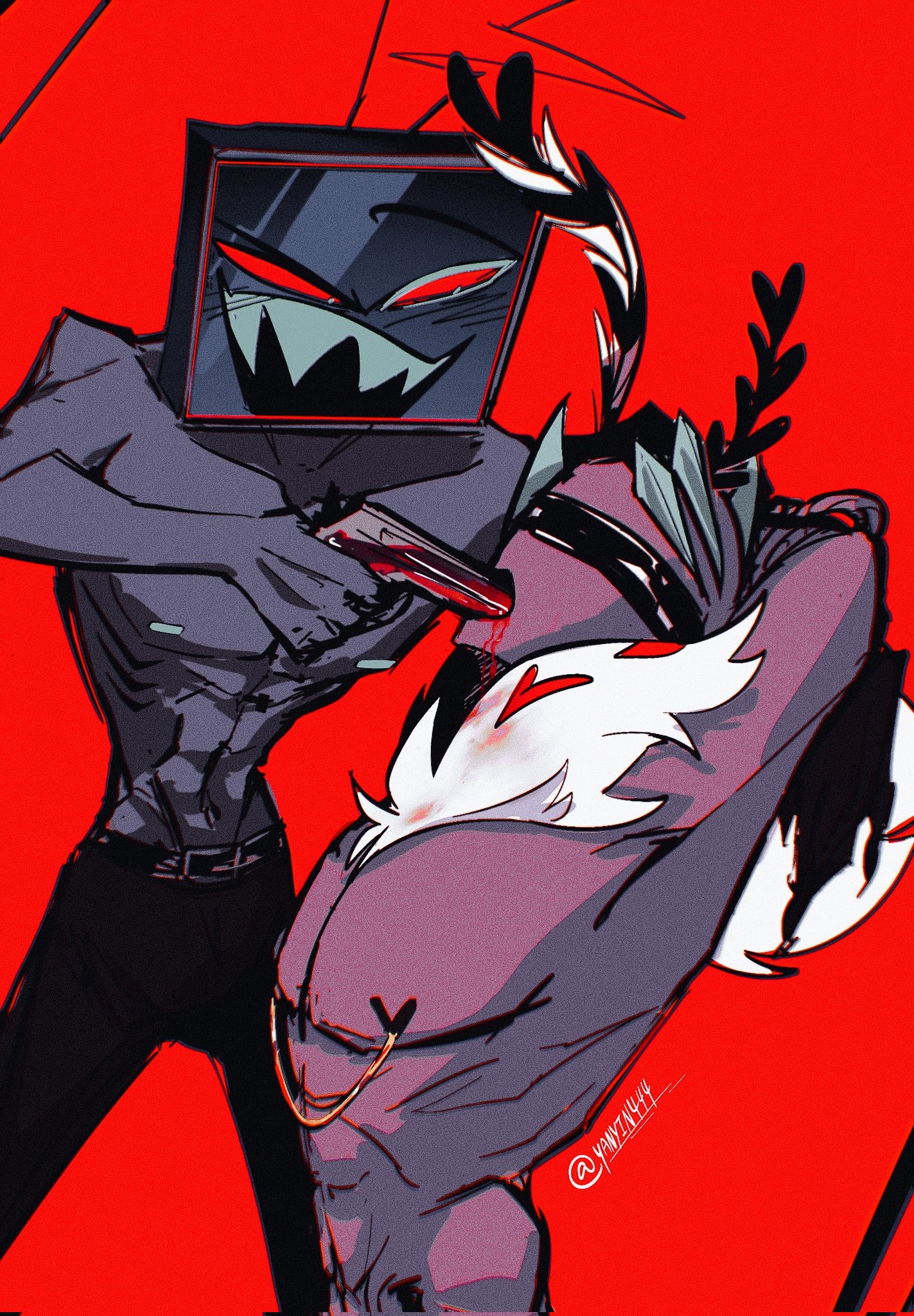 blindfold, bondage, drooling, gay, gun, gun in mouth, gunplay, half-dressed, hazbin hotel, hellaverse, male, muscular, muscular male, nipple piercing, nipples, piercing, red background, sucking, teeth, valentino (hazbin hotel), vivziepop, vox (hazbin hotel), weapon, yanyin444, yaoi