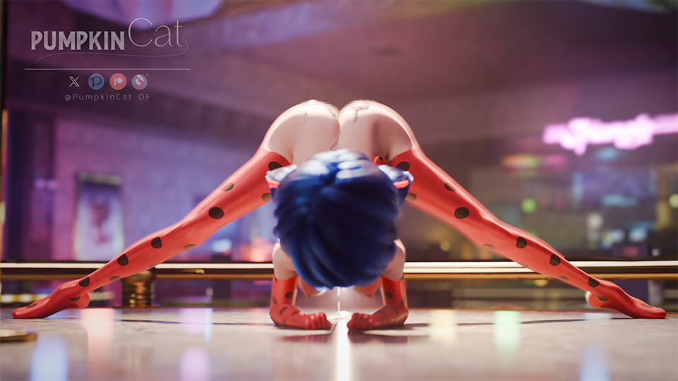 1girls, 3d, 3d (artwork), artist logo, artist name, bare ass, blender, blender (software), blue hair, censored, female, female only, flexible, jack-o pose, ladybug (character), ladybug & cat noir: the movie, marinette dupain-cheng, miraculous ladybug, miraculous: tales of ladybug and cat noir, mosaic censoring, patreon logo, posing, posing for picture, posing for the viewer, posing nude, pumpkincat, self upload, solo, splits, stripper, stripping, superheroine, teenage female, teenager, twitter logo