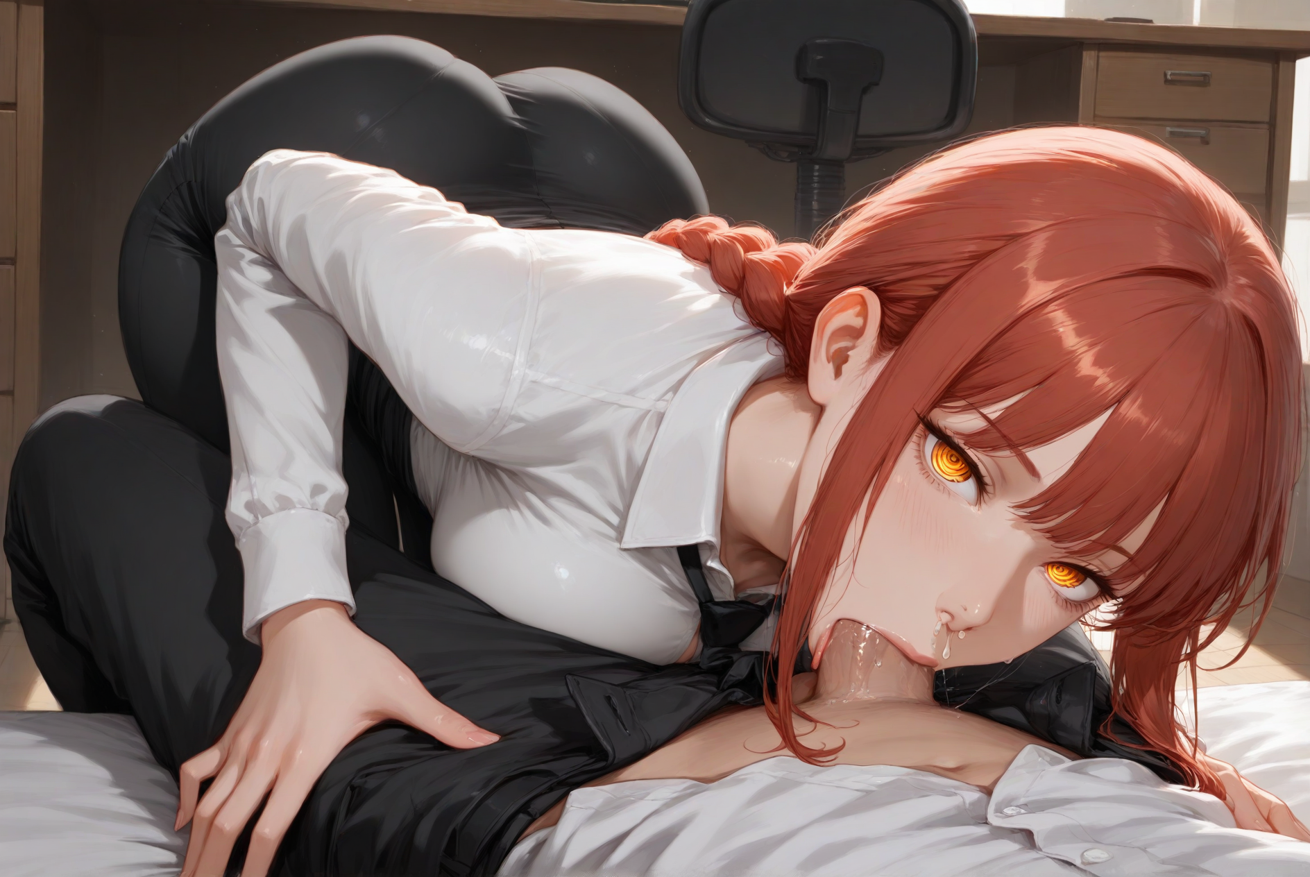 1boy, ai generated, chainsaw man, collared shirt, deepthroat, dress pants, drooling, erection, face focus, fellatio, female, femdom, formal, hand on another's chest, looking at viewer, makima (chainsaw man), male, office, office lady, oral, out of frame male, pantylines, penis, red hair, saliva, sidelocks, snot, straddling, teasing