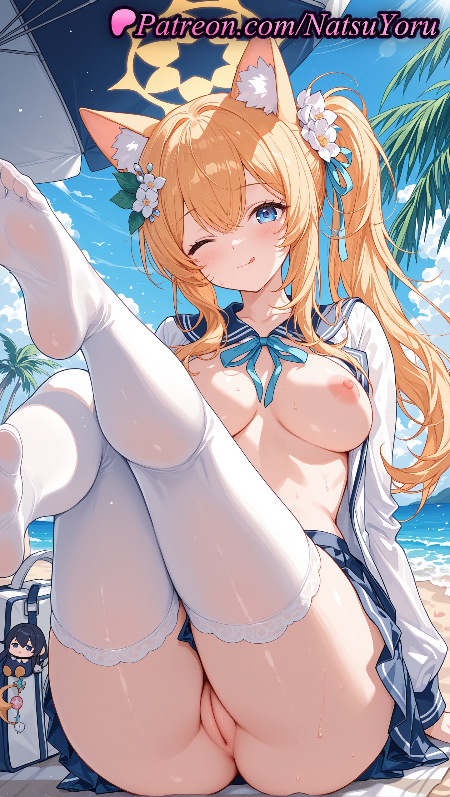 1girls, 2025, ai generated, animal ear fluff, animal ears, bangs, beach, blue archive, blue eyes, blue skirt, breasts, feet, female, flower, fox ears, hair flower, hair ornament, halo, hi res, highres, long hair, long sleeves, looking at viewer, mari (blue archive), natsuyoru, nipples, no shoes, one eye closed, open clothes, outdoors, patreon, pussy, ribbon, shirt, sitting, skirt, soles, solo, thighhighs, tongue, tongue out, vagina, voluptuous, voluptuous female, white thighhighs, yellow halo