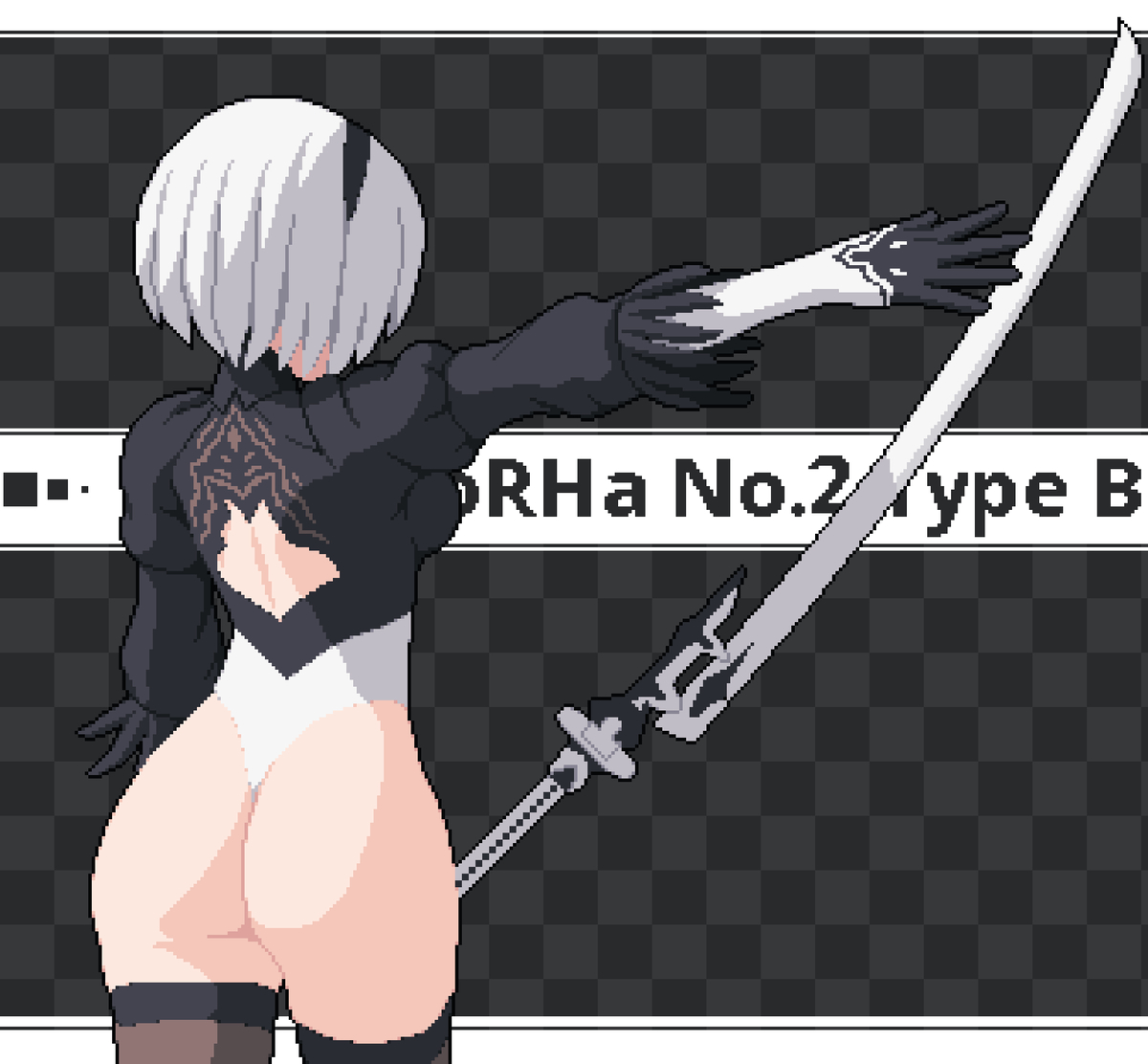 1girls, 2d, 2d (artwork), ass, ass focus, back view, backless outfit, big ass, big breasts, big butt, big thighs, big titties, blindfold, breasts, butt focus, collar, curvy, curvy female, female, female focus, female only, goth, leotard, nier (series), nier: automata, pixel art, seiko093, short hair, solo, solo female, white body, white hair, yorha 2b