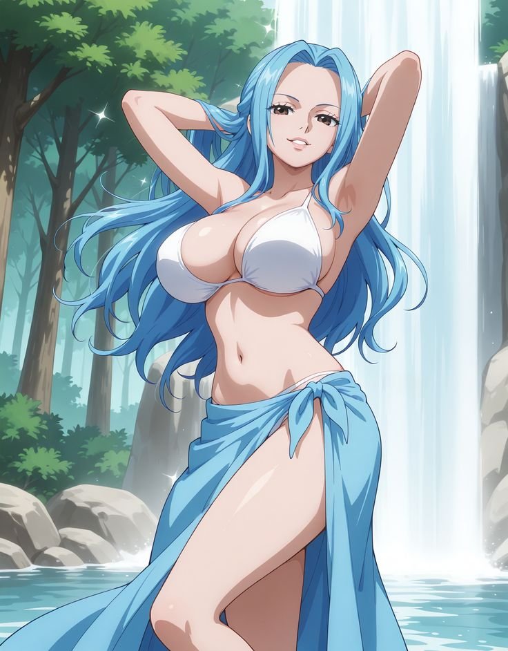 1girls, ai generated, artist request, bikini, blue hair, blue-haired female, clothing, female, female only, nefertari vivi, one piece, swimsuit, water