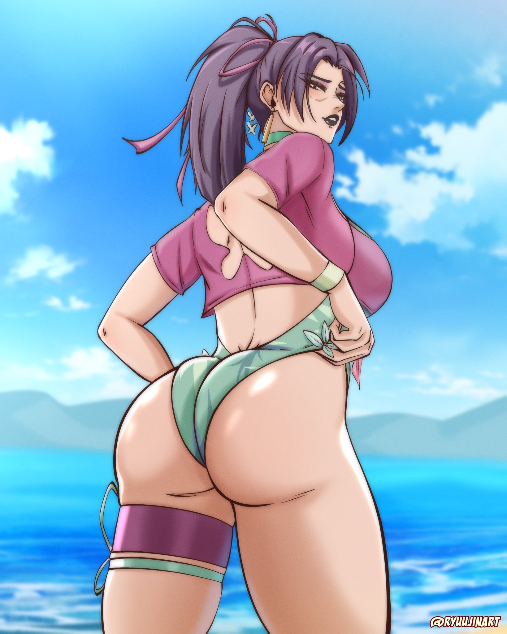 1girls, 2d, ass, back view, big ass, big breasts, big butt, big thighs, breasts, clothed, clothing, curvaceous, curvaceous female, curvaceous figure, curvy, curvy female, female, female focus, female only, huge ass, long hair, looking at viewer, marvel, marvel rivals, psylocke, psylocke (marvel rivals), psylocke (sai) (breezy butterfly), purple hair, ryuujinart, solo, thick thighs, thigh highs, x-men