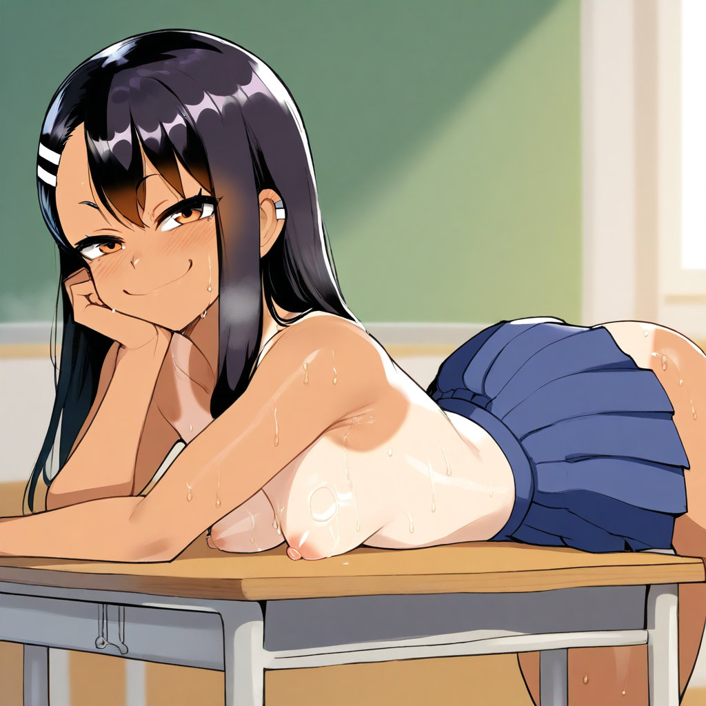 1girls, ai generated, amber eyes, ass, black hair, blue skirt, breasts, crowai, female, female only, hairpin, hayase nagatoro, laying down, nipples, no bra, perky breasts, perky nipples, please don't bully me, nagatoro, smiling female, smug, solo, sweat, tan body, tan skin, tanline, teenager, topless