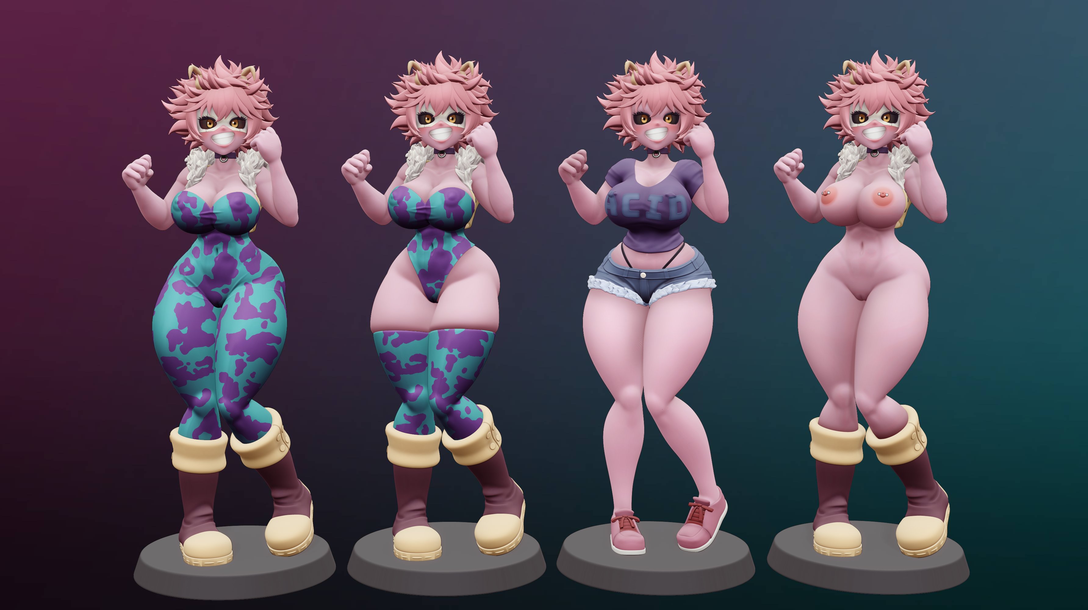 1girls, 3d, big breasts, breasts, clothed, clothing, female, female focus, female only, full body, hero outfit (mha), leotard, looking at viewer, mina ashido, my hero academia, naked footwear, short hair, smooth skin, solo, solo female, teenager, the-great-pipmax, thick thighs, thighs