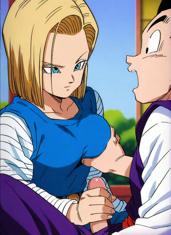 ai_generated android_18 dragon_ball dragon_ball_z handjob imminent_oral oral son_gohan tagme