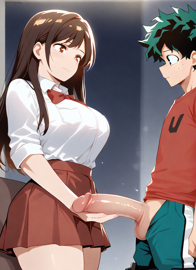 1boy 1girls ai_generated balls big_penis brown_eyes brown_hair caressing_penis crossover deku female freckles freckles_on_face green_eyes green_hair hand_on_penis huge_cock huge_penis izuku_midoriya kanojo_okarishimasu large_penis long_hair long_penis male mizuhara_chizuru my_hero_academia penis penis_on_hand penis_out teenager testicles