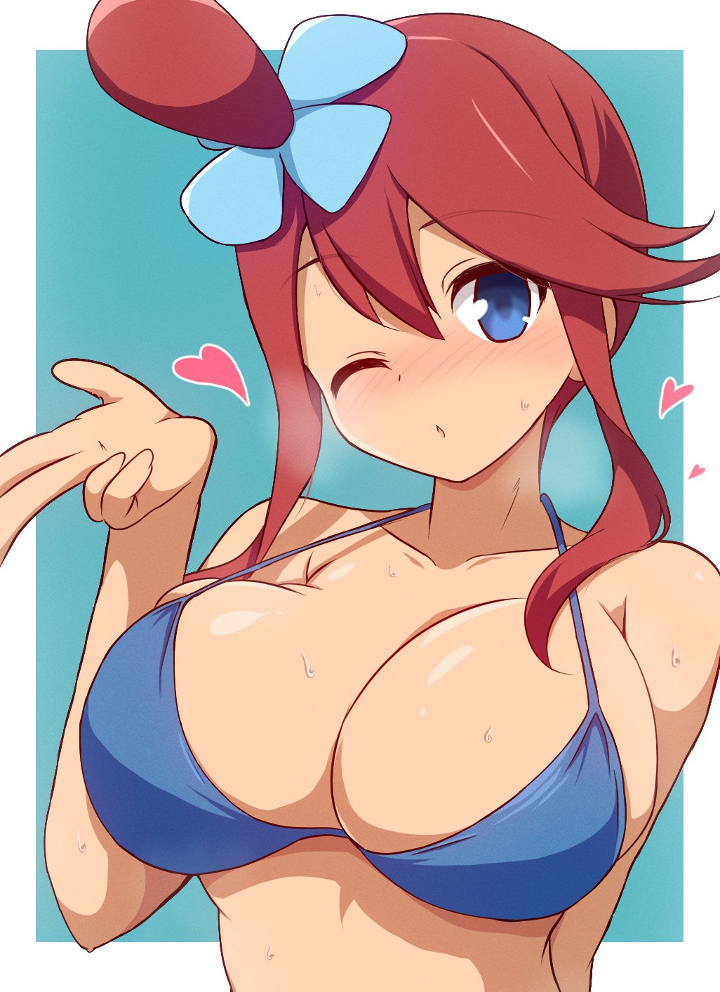 aroused blow_kiss heart huge_breasts nose_blush one_eye_closed pokemon pokemon_bw skyla_(pokemon) steam upper_body