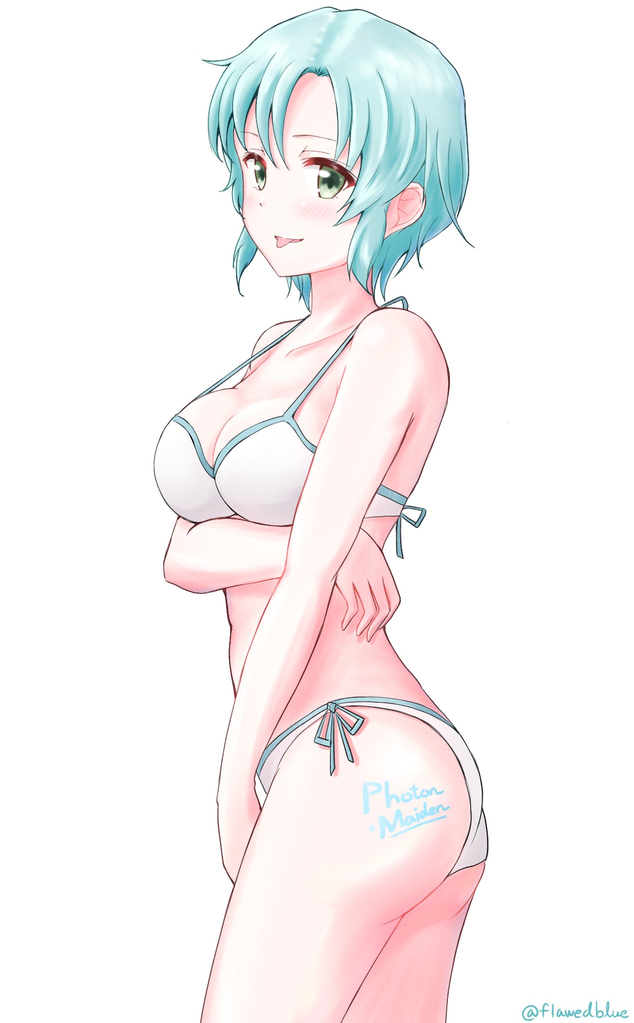 ass blush body_writing breasts d4dj flawedblue hanamaki_towa swimsuit text tongue watermark