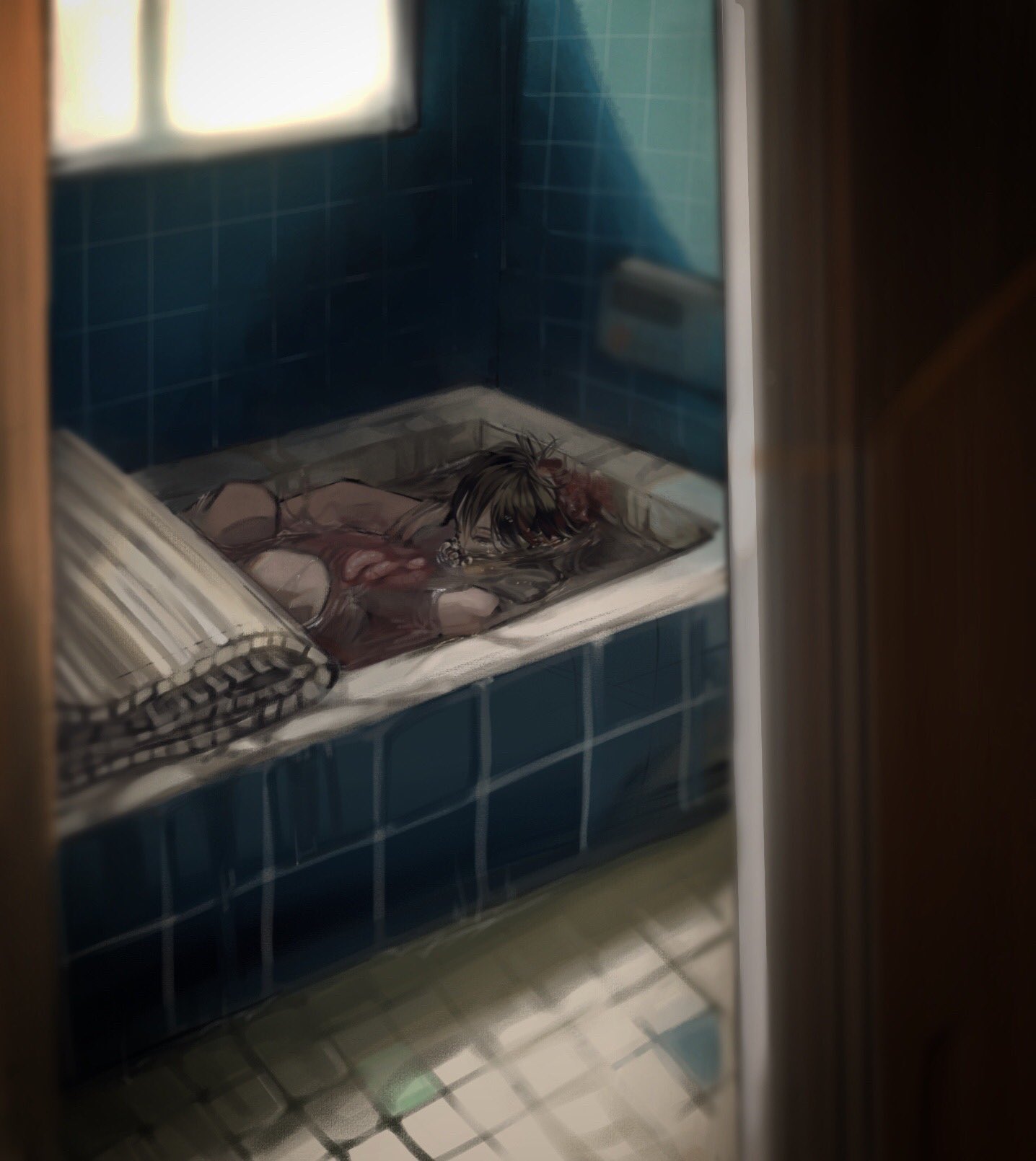 1boy araya_kawai bad_id bad_twitter_id bathroom bathtub black_hair blood brain death doorway guro highres inactive_account indoors intestines male_focus original partially_submerged short_hair solo tile_floor tile_wall tiles water window