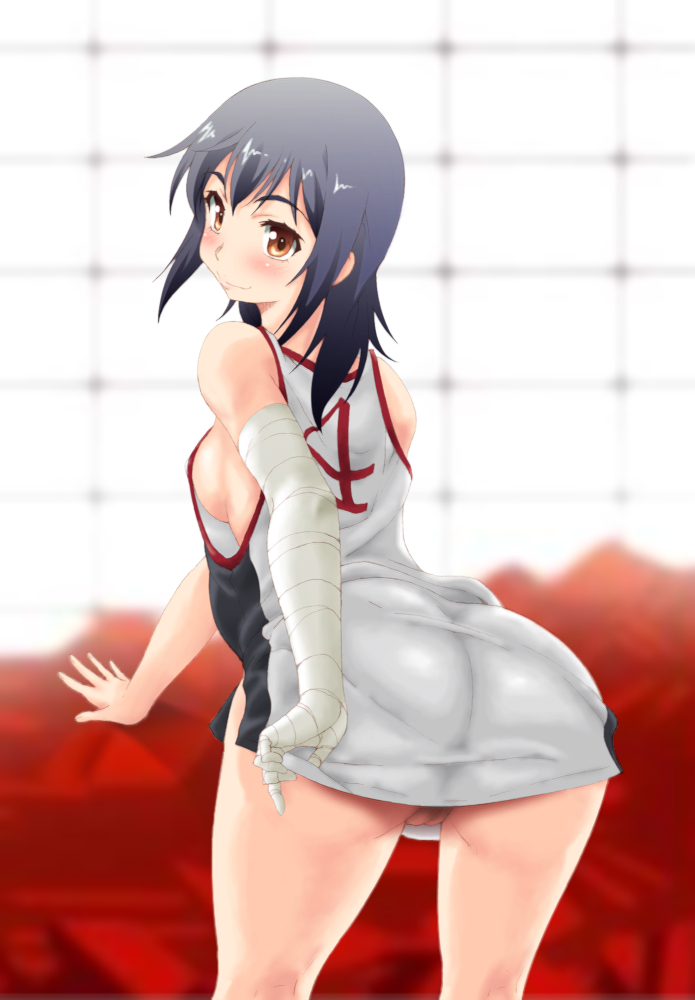 ass bakemonogatari bandage bandages basketball_uniform black_hair bottomless brown_eyes jersey kanbaru_suruga kesuida monogatari_(series) nisemonogatari no_bra no_panties pussy smile solo sportswear