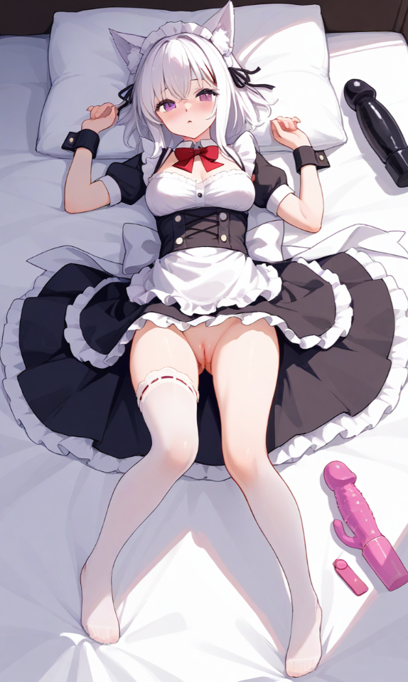 ai_generated full_body ladnezer maid medium_breasts purple_eyes pussy sex_toy white_hair wolf_ears wolf_girl