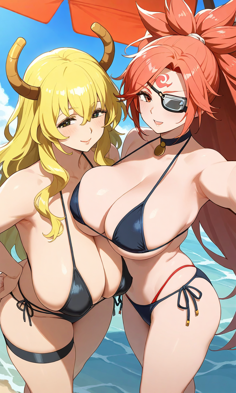 2girls ai_generated baiken bikini crossover female_only guilty_gear large_breasts lucoa miss_kobayashi's_dragon_maid quetzalcoatl_(dragon_maid) tagme