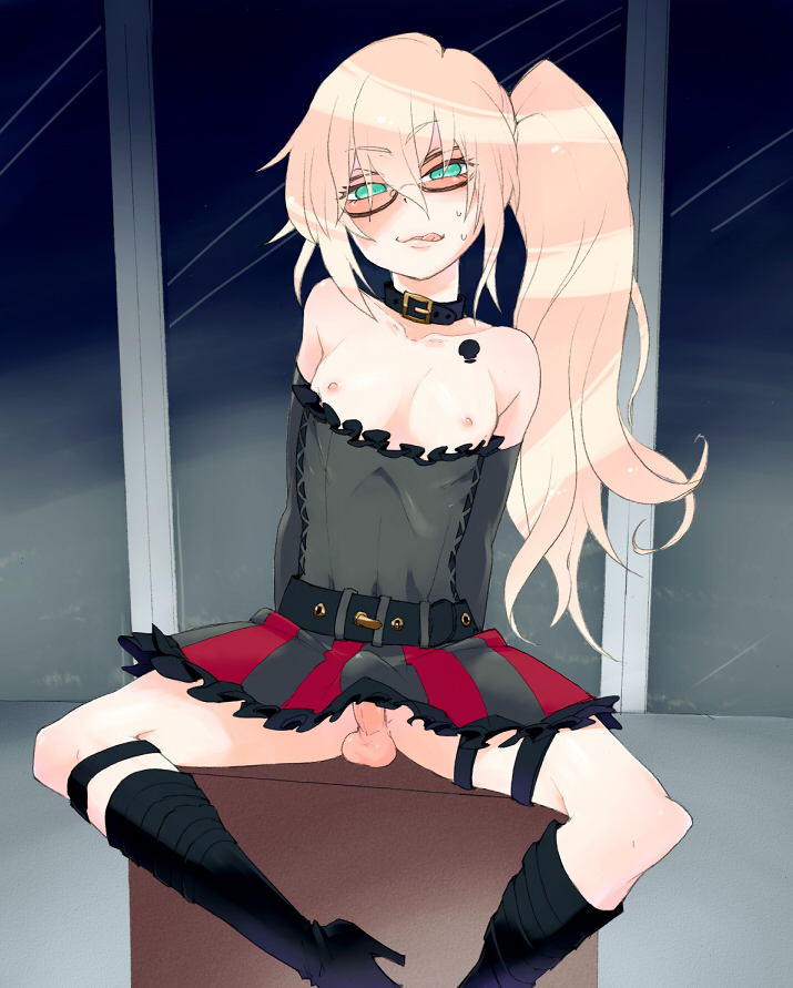 :q, 1boy, 2010s, androgynous, areolae, balls, blonde hair, boots, bottomless, canon crossdressing, crossdressing, crossdressing male, dress lift, erection, femboy, flat chest, gatchaman, gatchaman crowds, girly, glasses, human, light skin, light-skinned male, male, male only, naughty face, ninomiya rui, nipples, penis, penis under clothes, penis under dress, presenting, solo, solo male, testicles, thigh strap, tongue, trap, wig