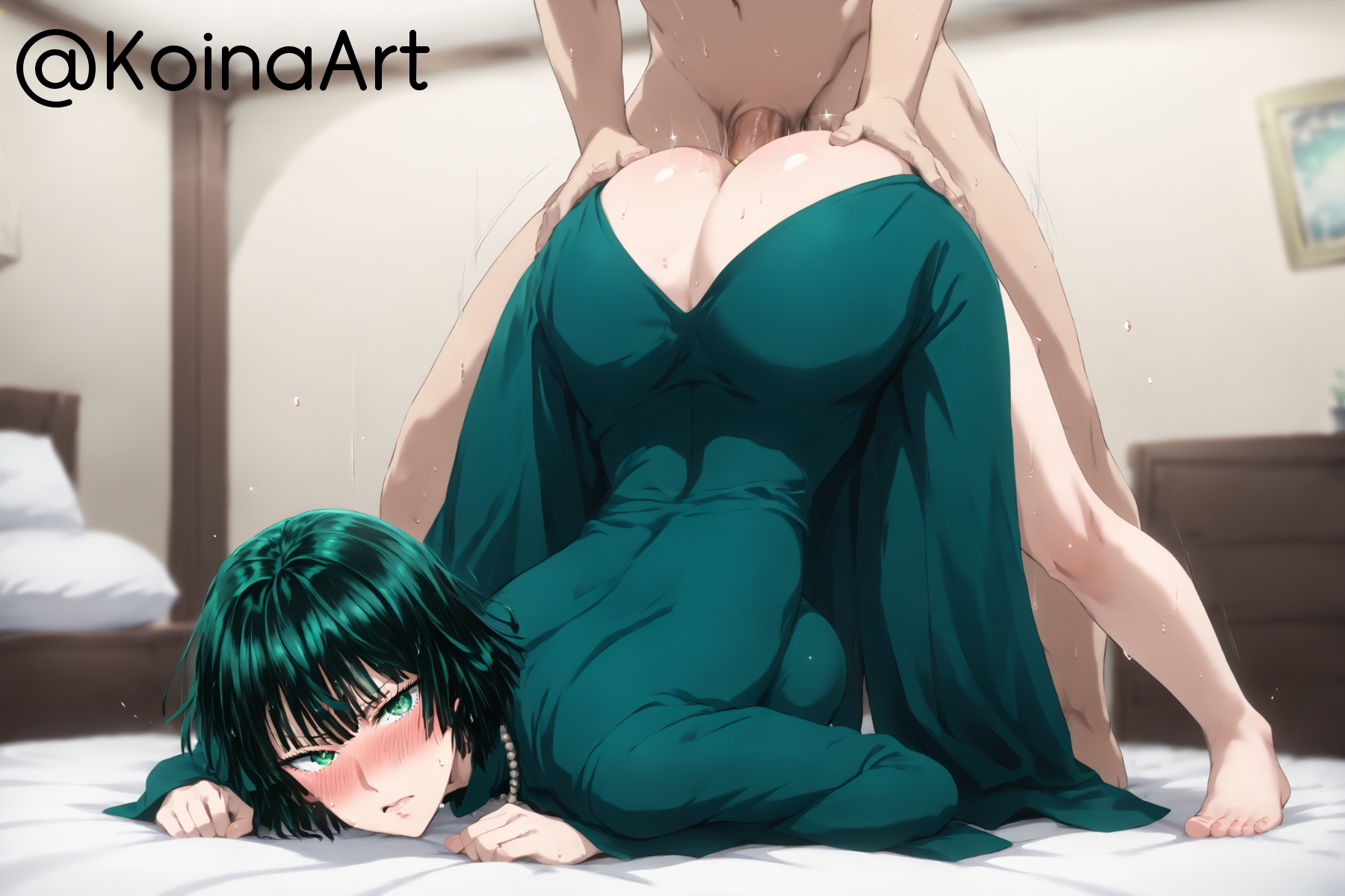 ai generated, ass, doggy style, dress, female, fubuki (one-punch man), green eyes, koinaart, male, one-punch man, penis, pussy, sex from behind, short hair, stable diffusion, taut clothes, thick thighs, top-down bottom-up, vaginal penetration