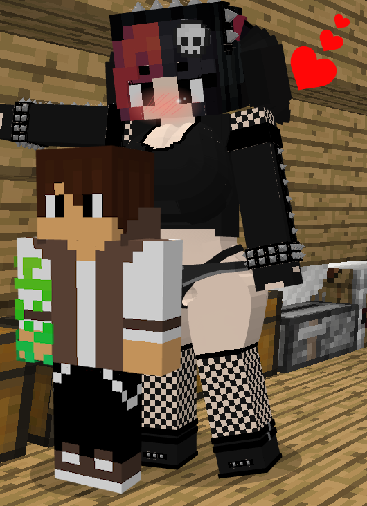 1boy 1girls age_difference behind behind_another big_ass big_breasts black_hair blush brown_hair dominant_female ellie_walls_(odysseyellie) goth goth_girl horny horny_female huge_breasts milf minecraft size_difference tall_female taller_girl