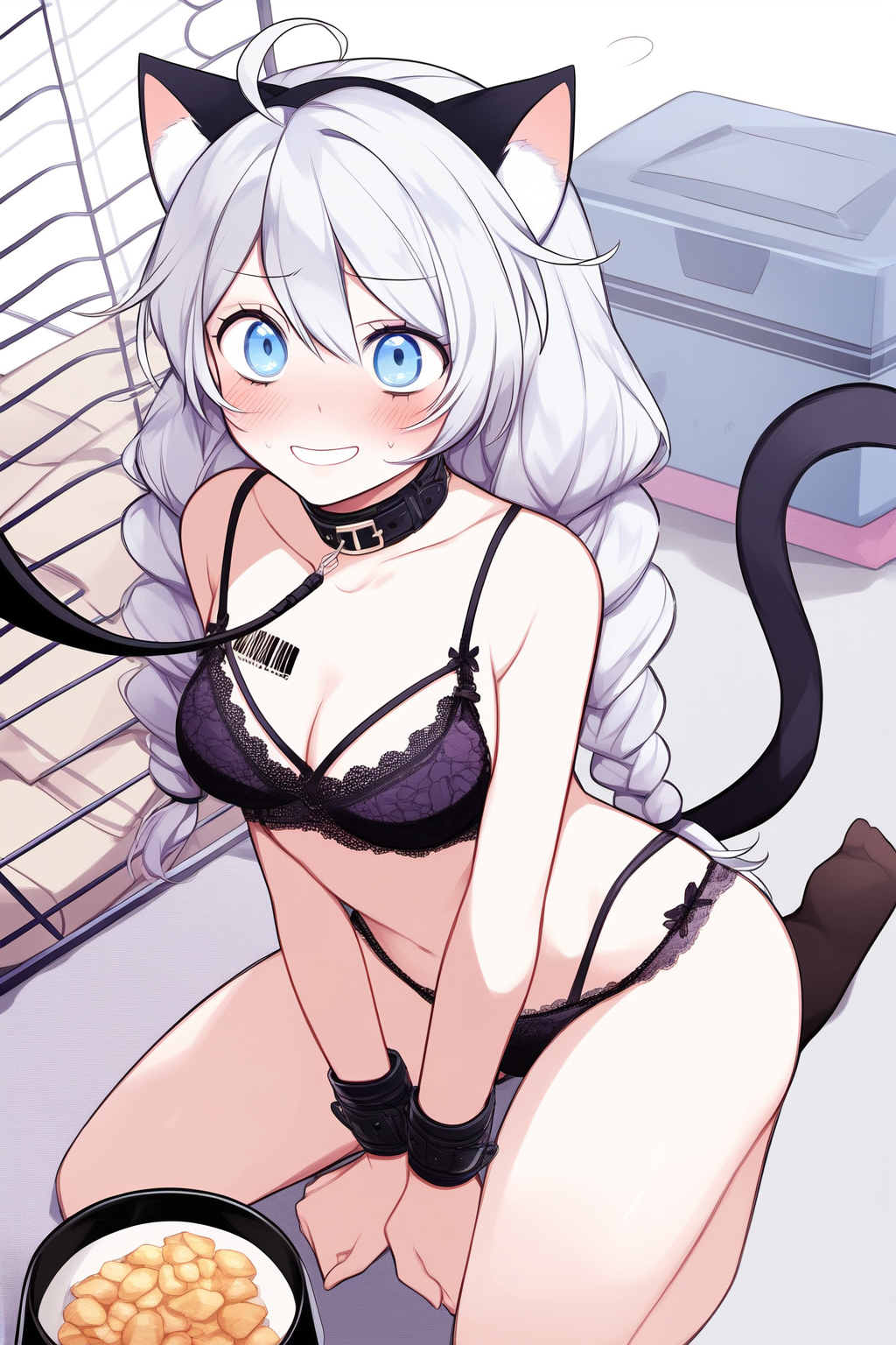 ai_generated blue_eyes blush blush bondage bound cage caged collar honkai_(series) honkai_impact_3rd kiana_kaslana leash leash_and_collar pet_bowl pet_collar pet_food pet_play petplay smile tiques white_hair