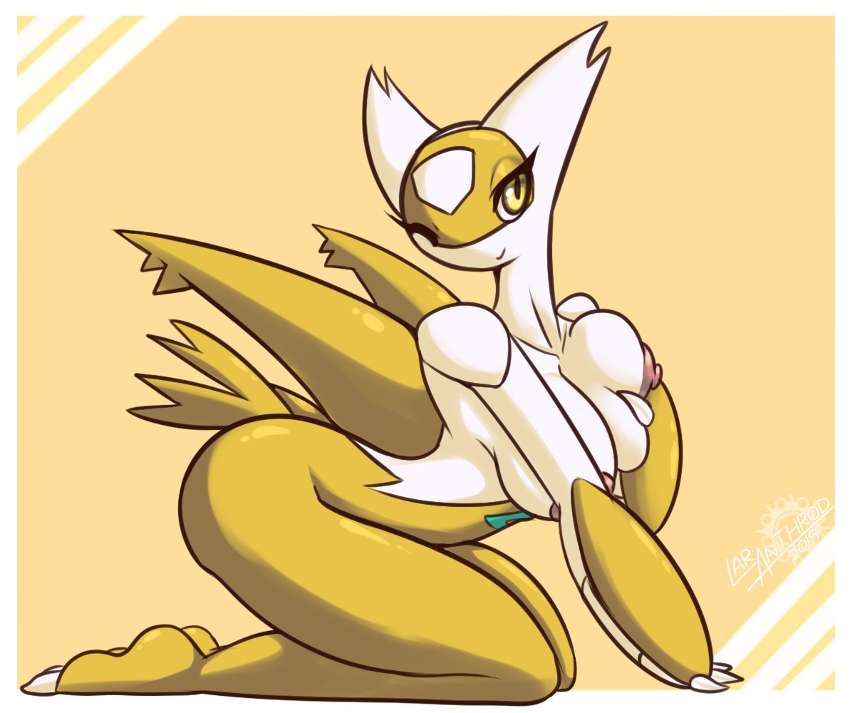 1girls 2019 6:5 anthro anthrofied big_breasts biped breasts claws digital_media_(artwork) female generation_3_pokemon kneeling latiar latias legendary_pokemon legs_together nintendo nipples nude pokemon pokemon_(species) shiny_pokemon side_view simple_background smile solo yellow_body yellow_eyes