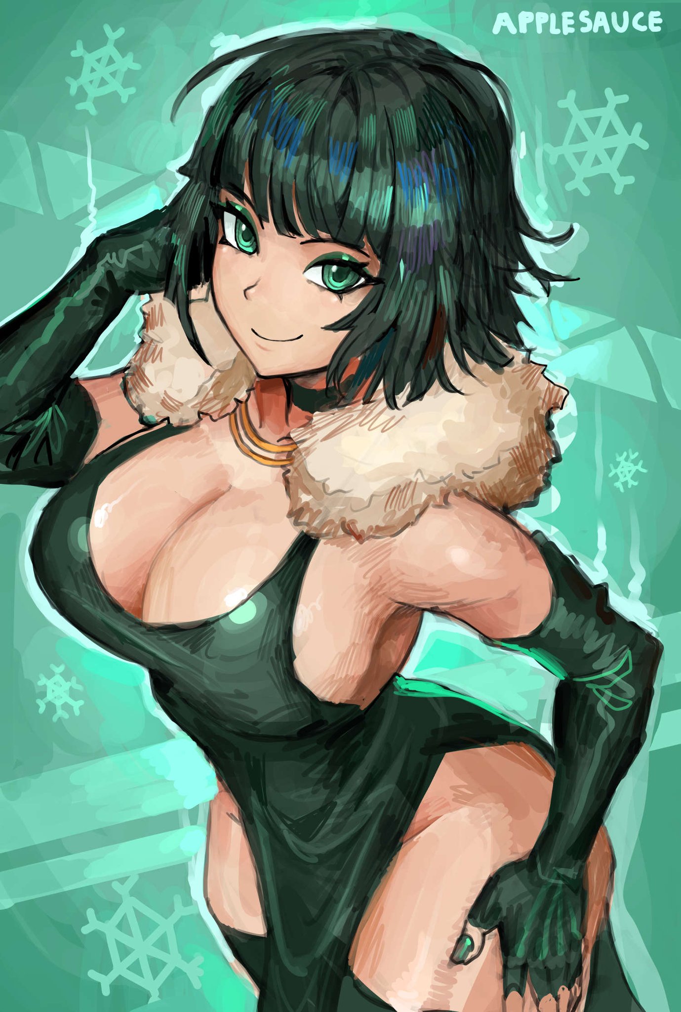 1girls, bare arms, bare shoulders, bare thighs, big breasts, breasts, clothed, clothing, color, dress, female, female focus, female only, fubuki (one-punch man), green eyes, green hair, hi res, large breasts, light skin, light-skinned female, looking at viewer, one-punch man, saiykik, short hair, solo, solo female, tagme, thick thighs