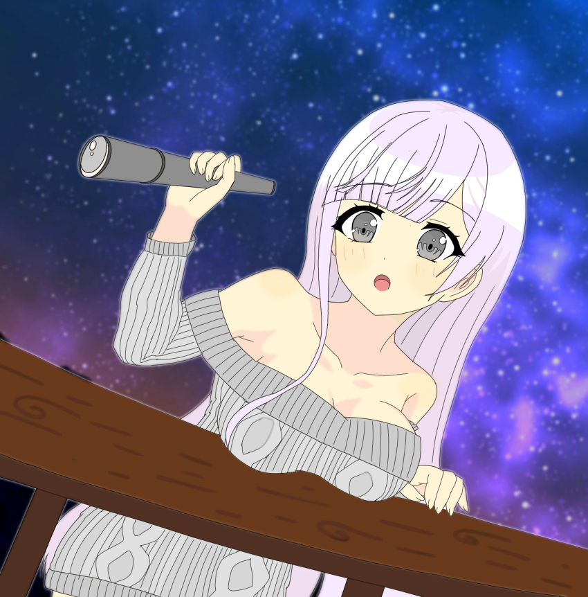 ains_(artist) big_breasts clothed d4dj izumo_saki long_hair railing starry_sky telescope