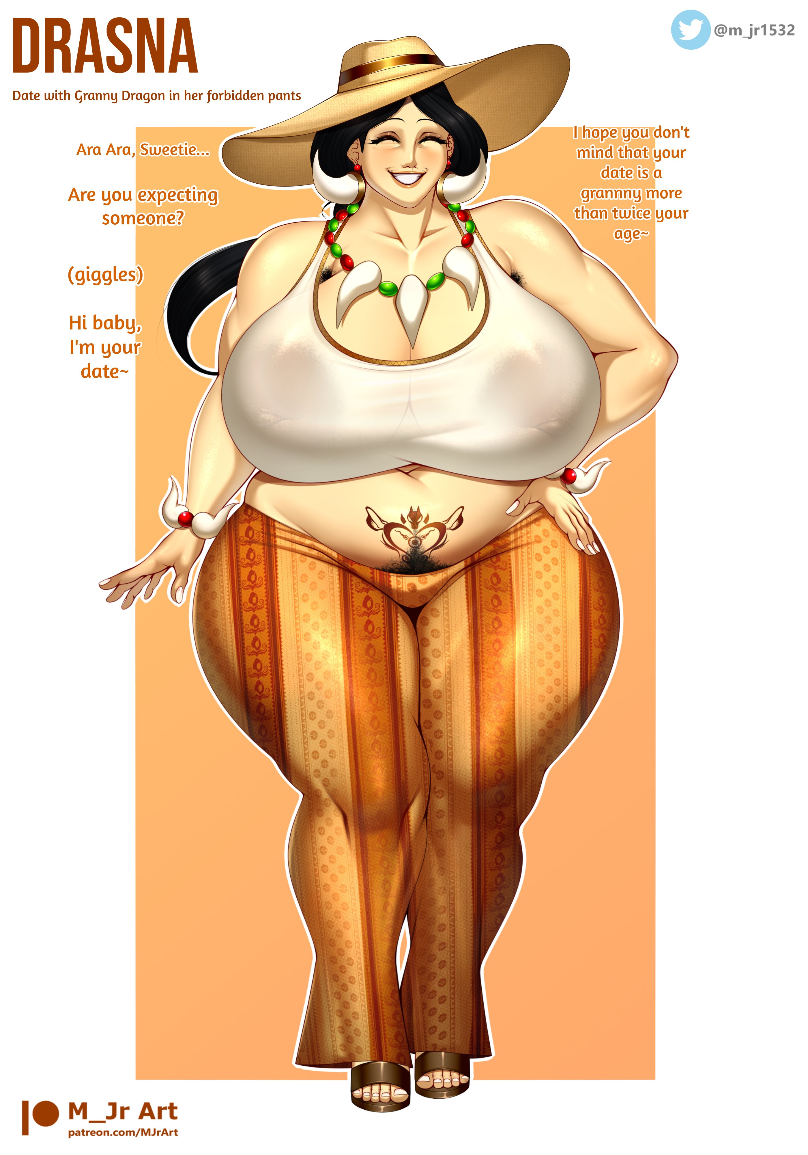 armpit hair, breasts, dialogue, drasna (pokemon), female, forbidden pants, gilf, granny, hairy pussy, high heels, huge breasts, long hair, m jr art, old, older female, pokemon, pubic hair, pubic hair peek, pubic tattoo, pussy, tattoo, thick thighs, voluptuous, voluptuous female, womb tattoo