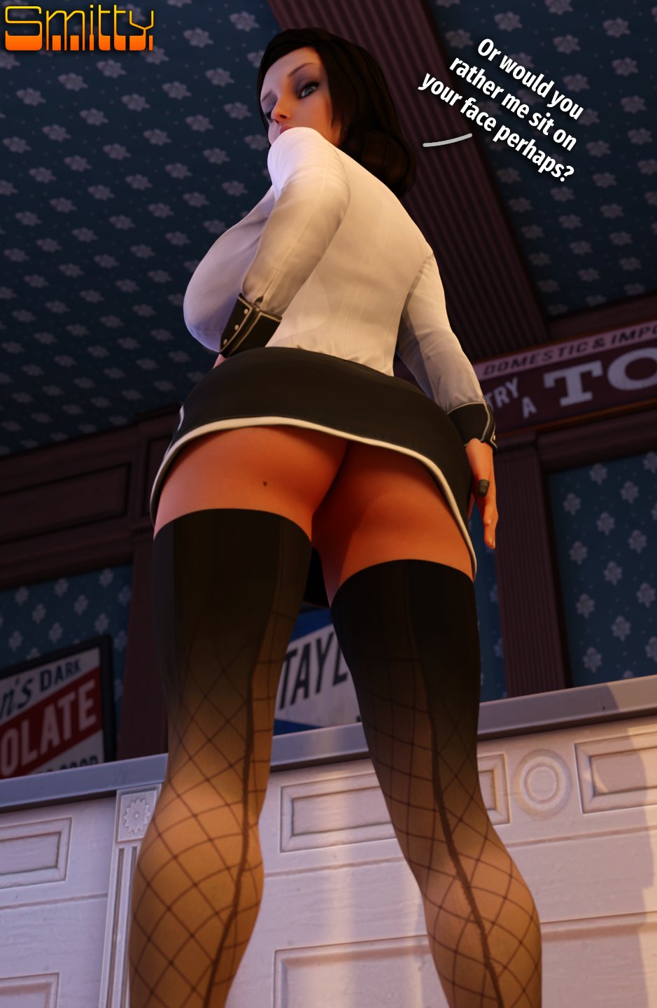 3d ass big_breasts bioshock bioshock_infinite black_hair blue_eyes breasts bubble_butt busty elizabeth_comstock english_text female female_focus female_only hourglass_figure legwear long_hair looking_at_viewer looking_back rear_view shirt skirt smitty34 stockings tagme test upskirt wide_hips