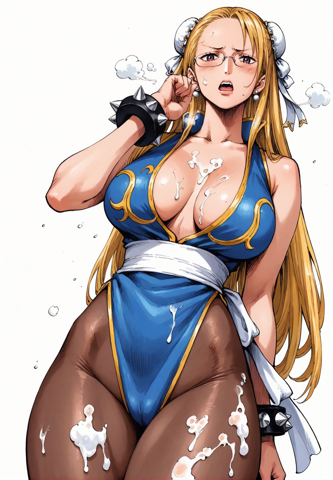 ai_generated alluring almost_naked almost_nude big_breasts blonde_hair blush breasts chun-li_(cosplay) earring earrings female female_only glasses kalifa kalifa_(one_piece) long_hair looking_at_viewer one_piece open_mouth seducing seduction seductive seductive_body seductive_eyes seductive_gaze seductive_look seductive_mouth seductive_pose shiny_hair shiny_skin steamy_breath voluptuous voluptuous_female yashin