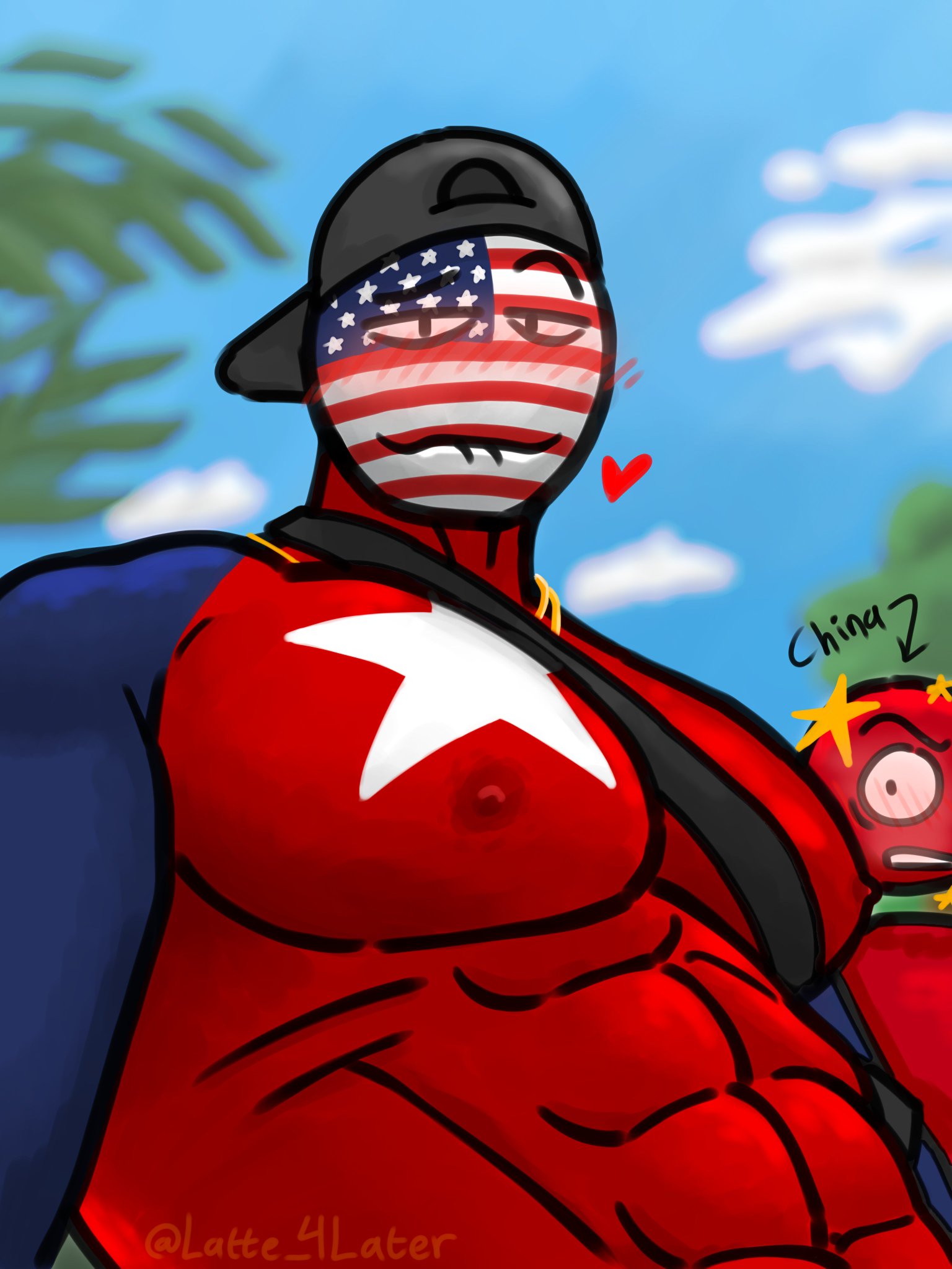 bara baseball_cap big_breasts big_pecs big_pectorals china_(countryhumans) countryhumans latte_4later male male_focus male_only pecs solo solo_focus solo_male united_states_of_america_(countryhumans)