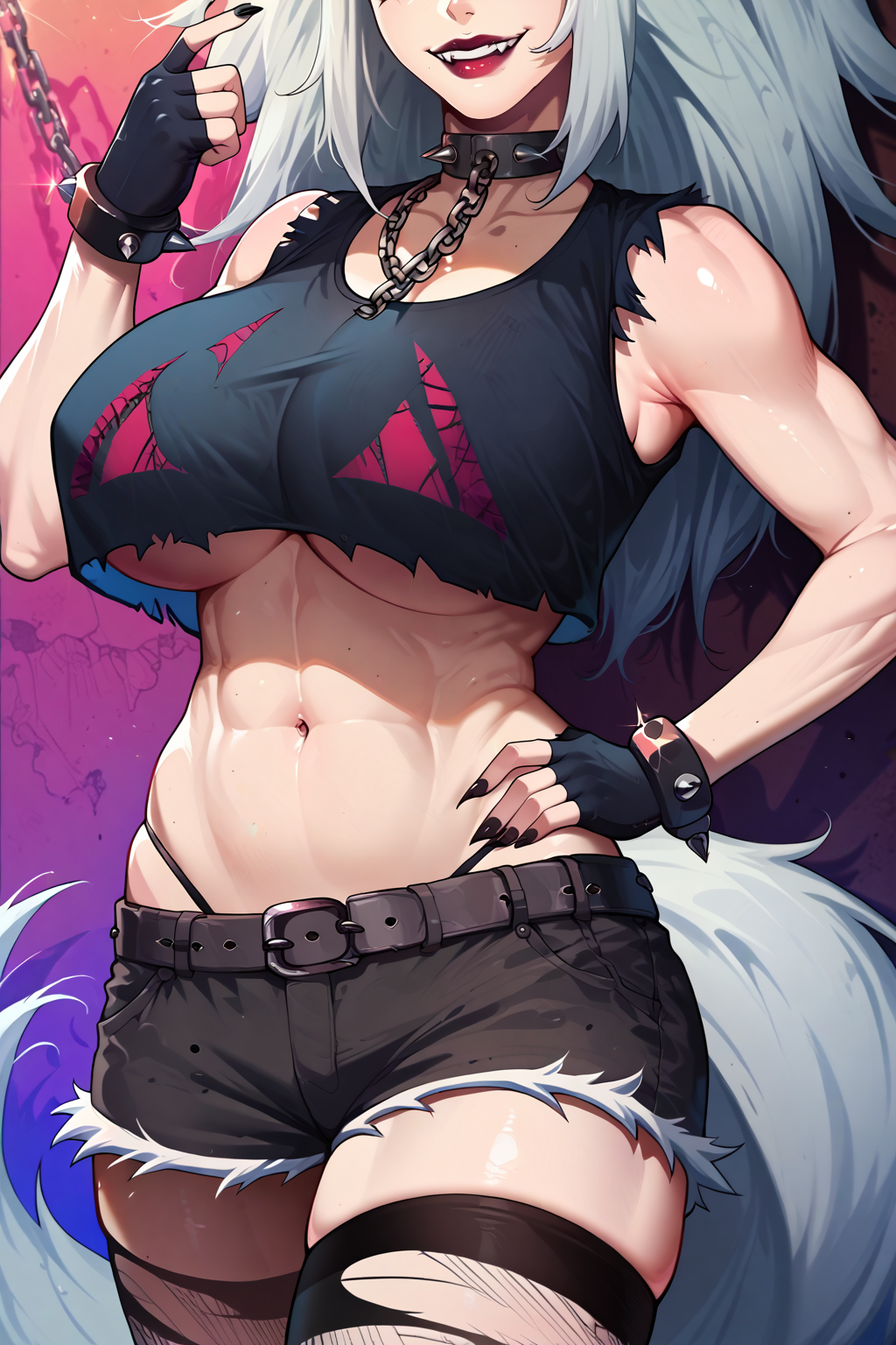 1girls ai_generated armwear big_breasts breasts chains collar crop_top dog_collar female huge_breasts indie_virtual_youtuber large_breasts leash long_hair muscular muscular_female nail_polish navel red_eyes short_shorts shorts silver_hair smile solo solo_female solo_focus tank_top thighhighs virtual_youtuber wide_hips wolf_ears wolf_girl wolftreya zentreya