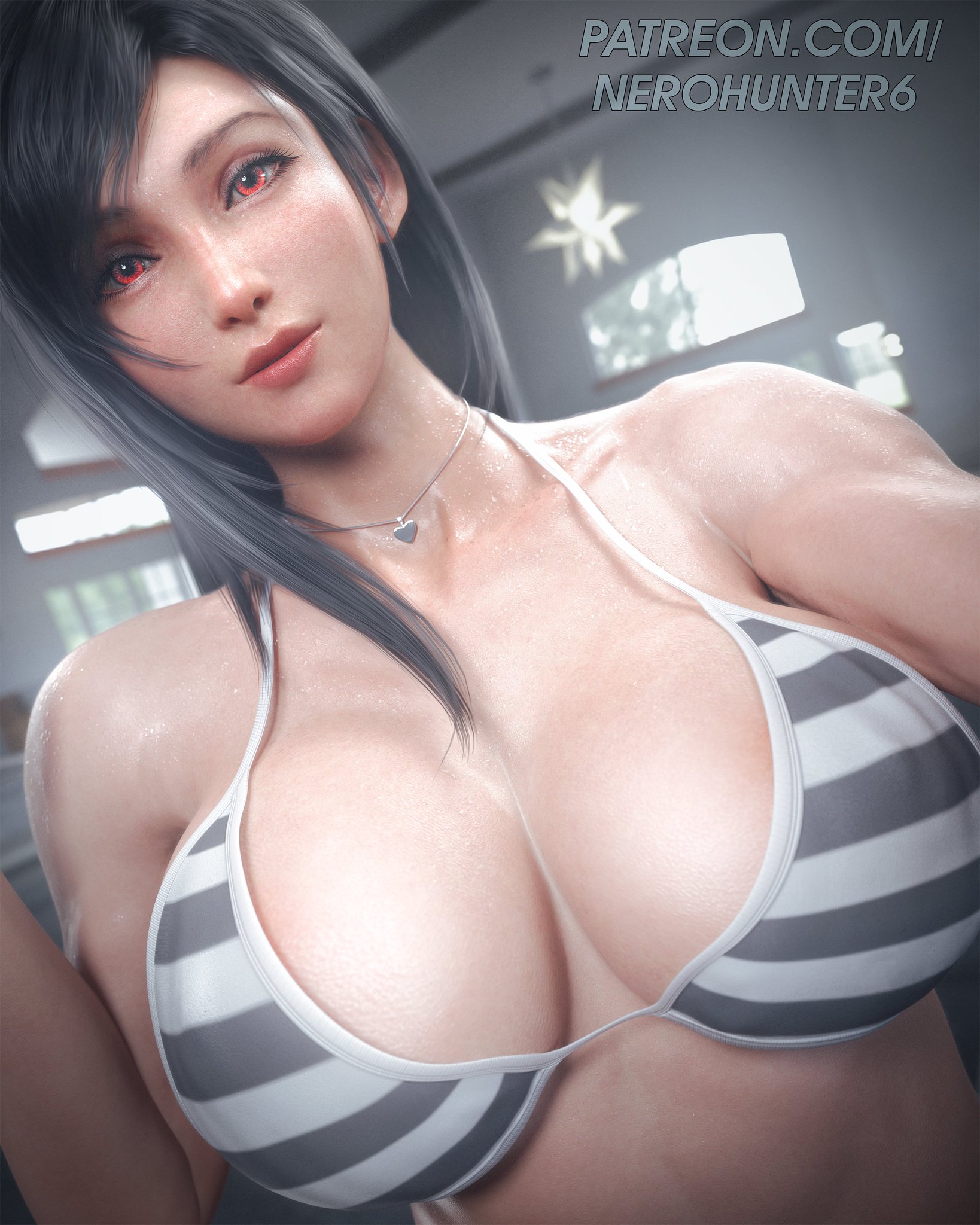 1girls, 3d, 3d render, big breasts, bikini, black hair, breasts, female, female focus, female only, final fantasy, final fantasy vii, long hair, looking at viewer, nerohunter6, solo, solo female, solo focus, striped bikini, tifa lockhart